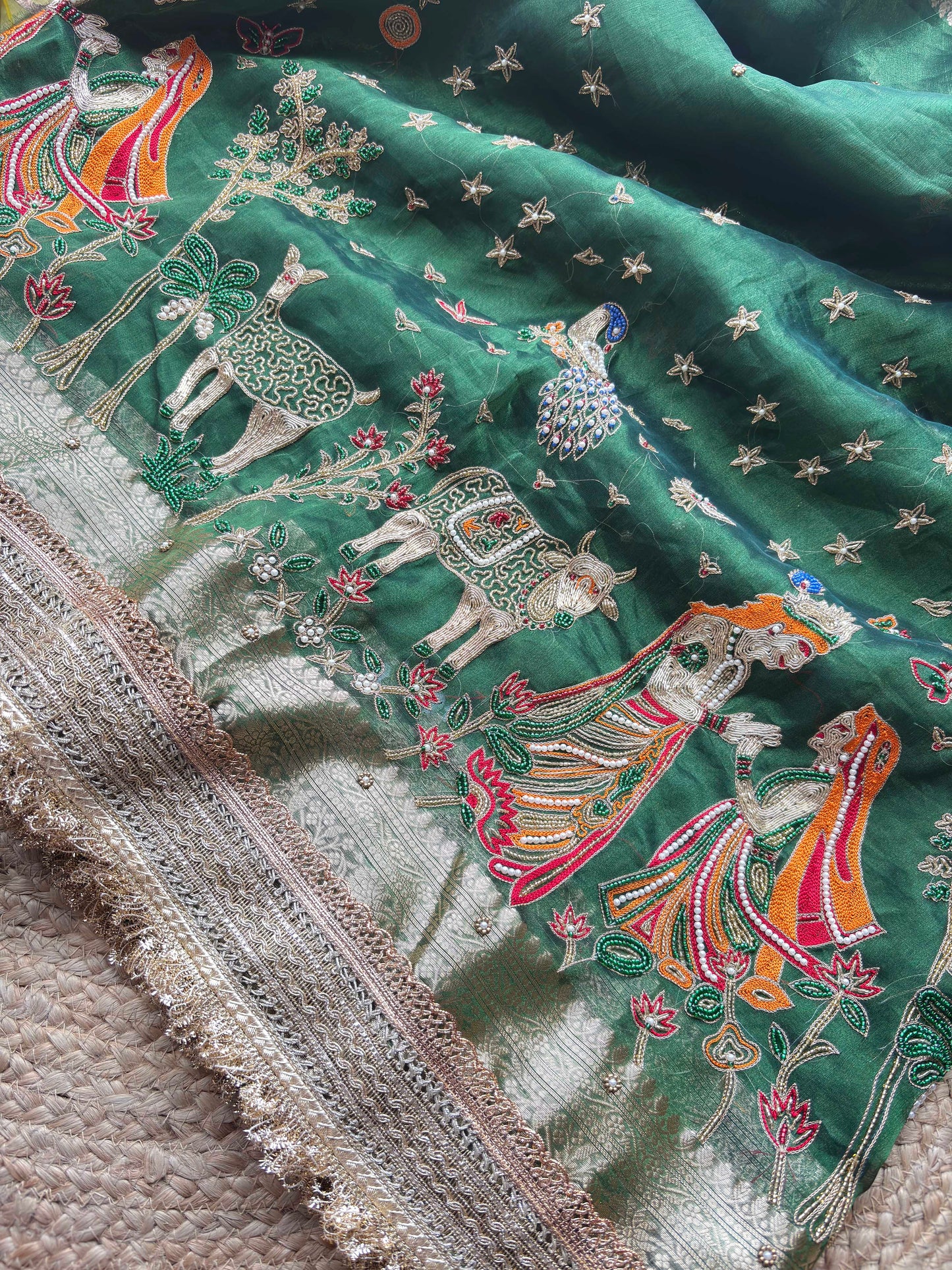 Krishan Leela Saree with Peacock Embroidery and Heavy Golden Border