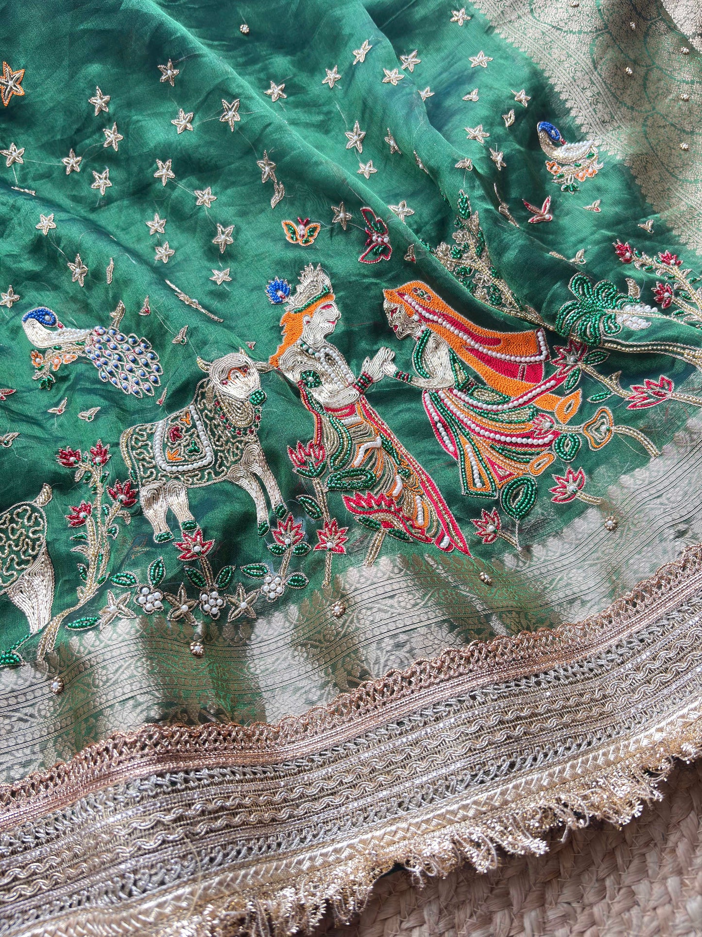 Krishan Leela Saree with Peacock Embroidery and Heavy Golden Border