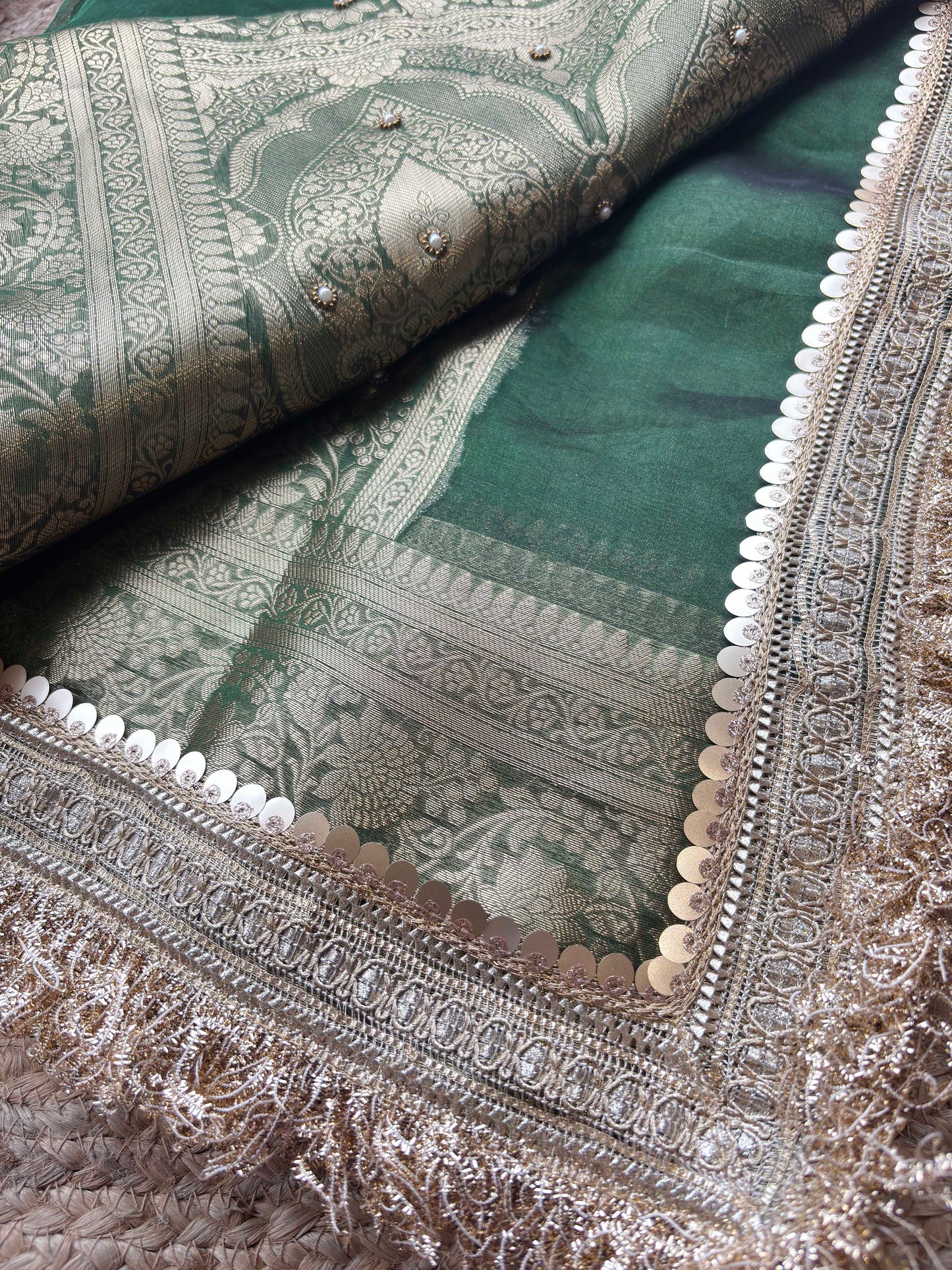 Emerald Green Ladoo Gopal Embroidered Saree with Ornate Gold Border