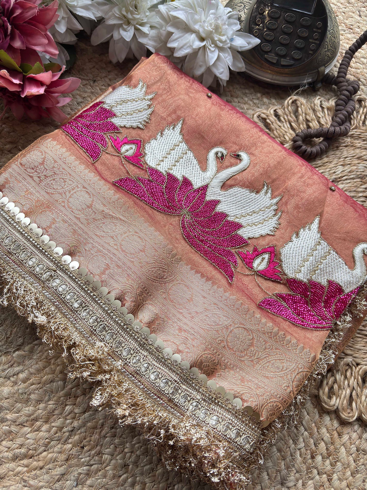 Rajhansani Peach Designer Saree with Lotus Embroidery Golden Border