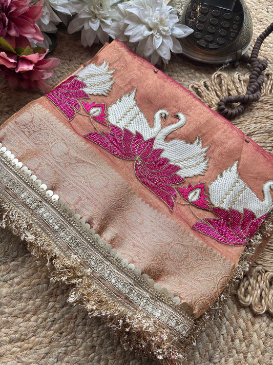 Rajhansani Peach Designer Saree with Lotus Embroidery Golden Border