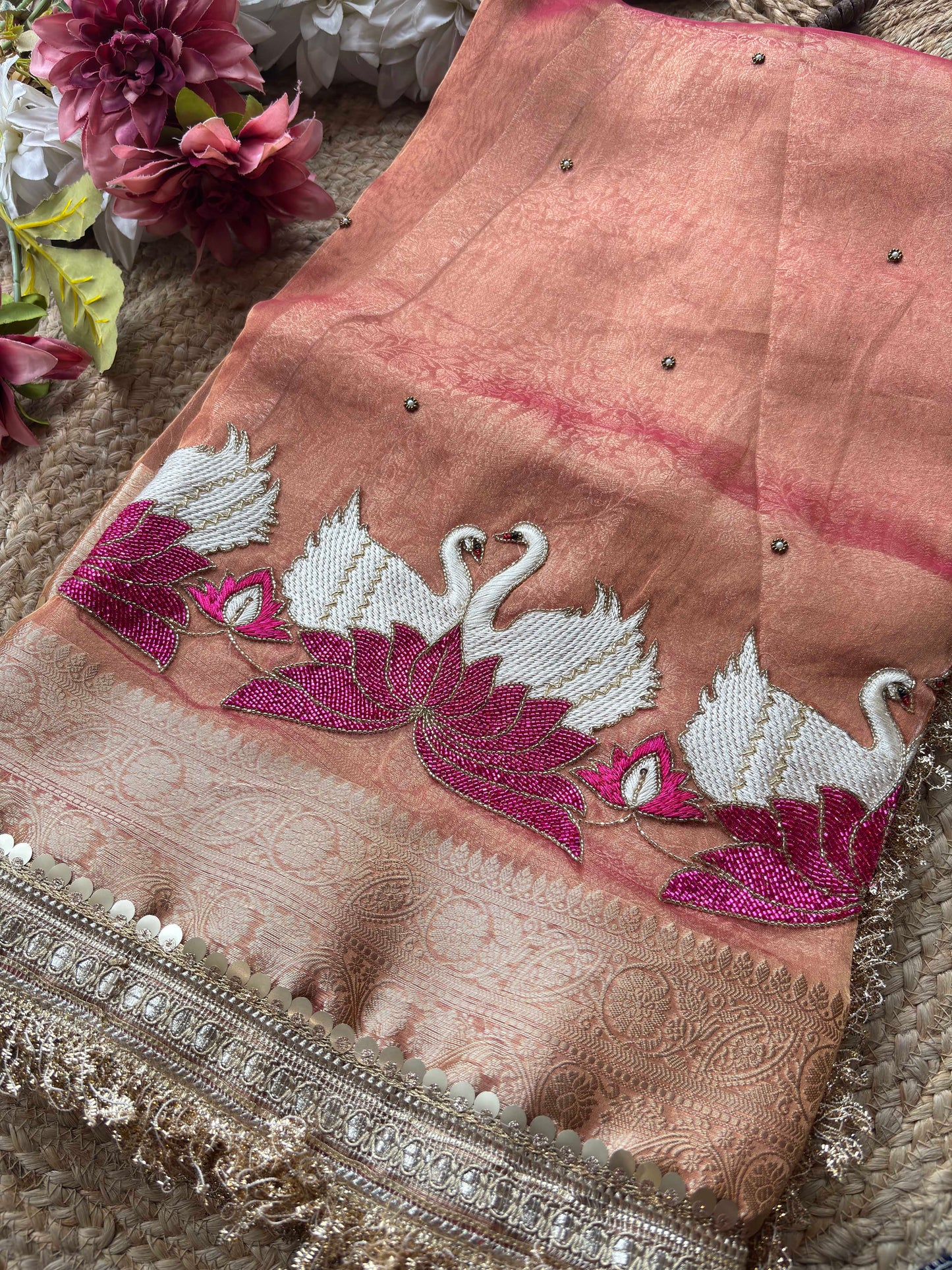 Rajhansani Peach Designer Saree with Lotus Embroidery Golden Border