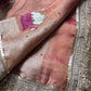Rajhansani Peach Designer Saree with Lotus Embroidery Golden Border