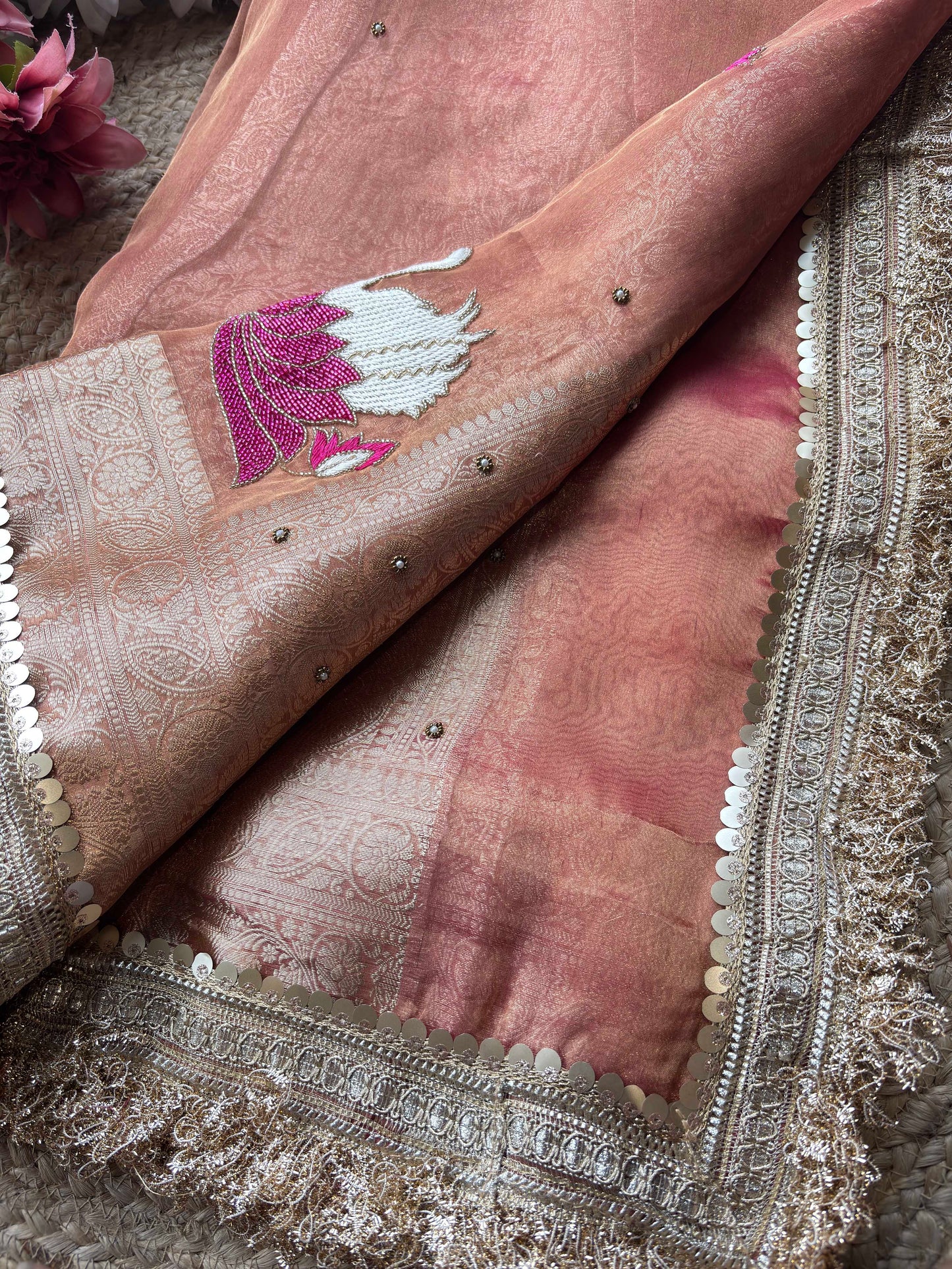 Rajhansani Peach Designer Saree with Lotus Embroidery Golden Border