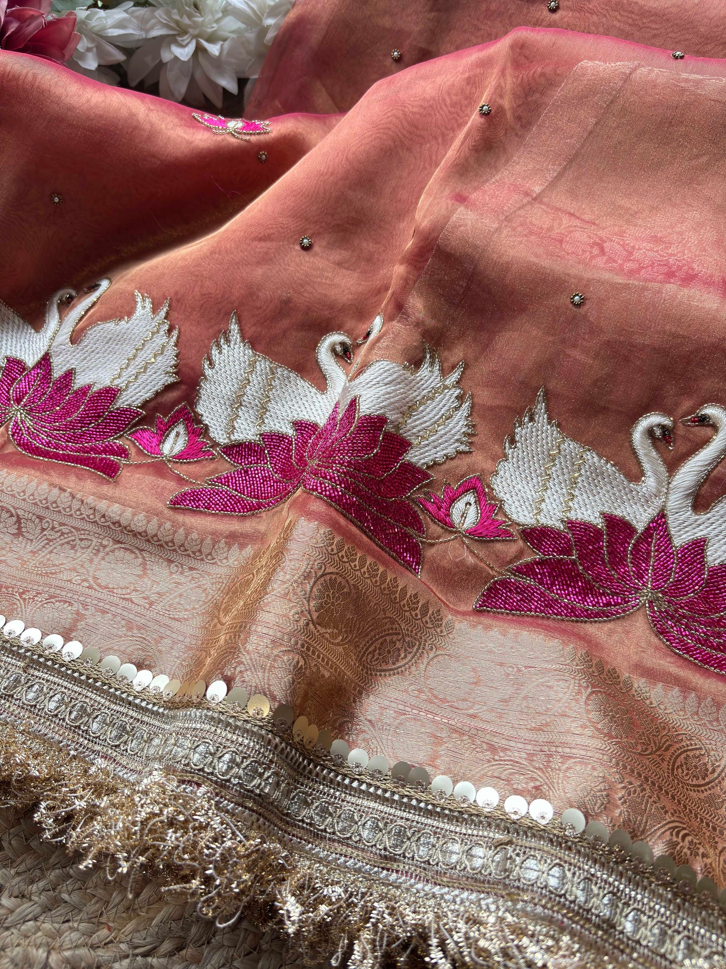 Rajhansani Peach Designer Saree with Lotus Embroidery Golden Border