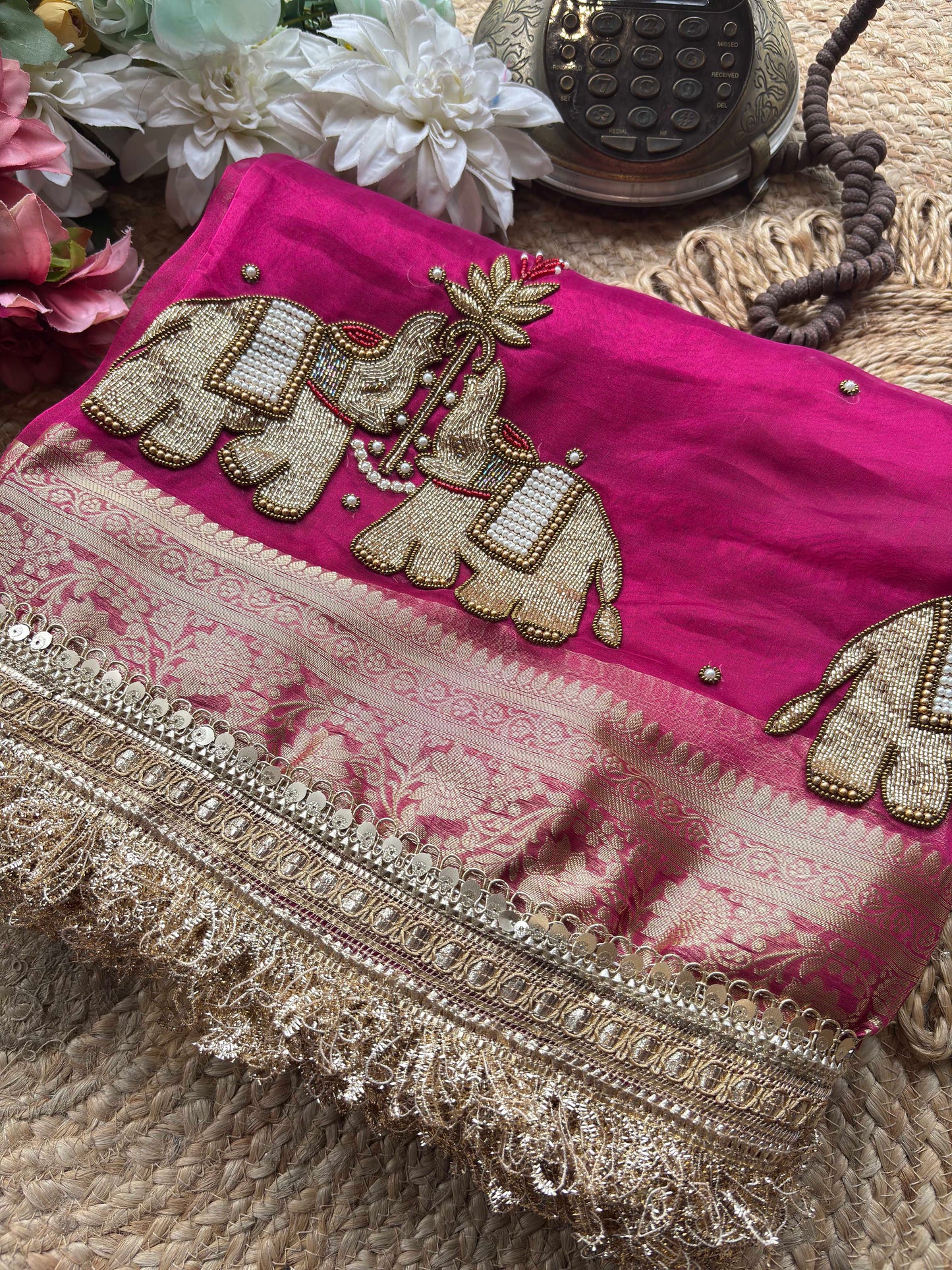 Rani Pink Gajraj Motif Saree with Pearl Handwork & Ornate Zari Border