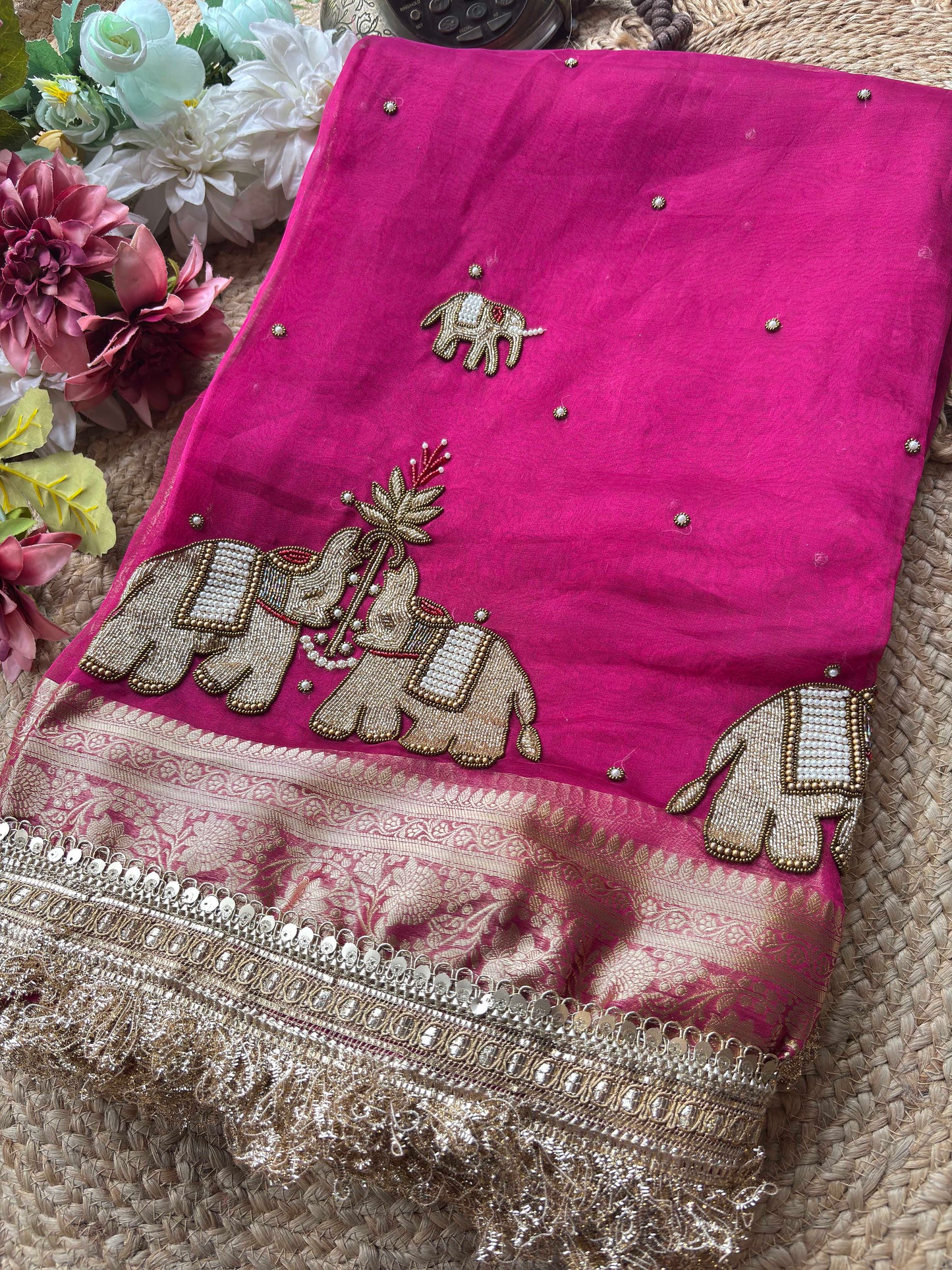 Rani Pink Gajraj Motif Saree with Pearl Handwork & Ornate Zari Border