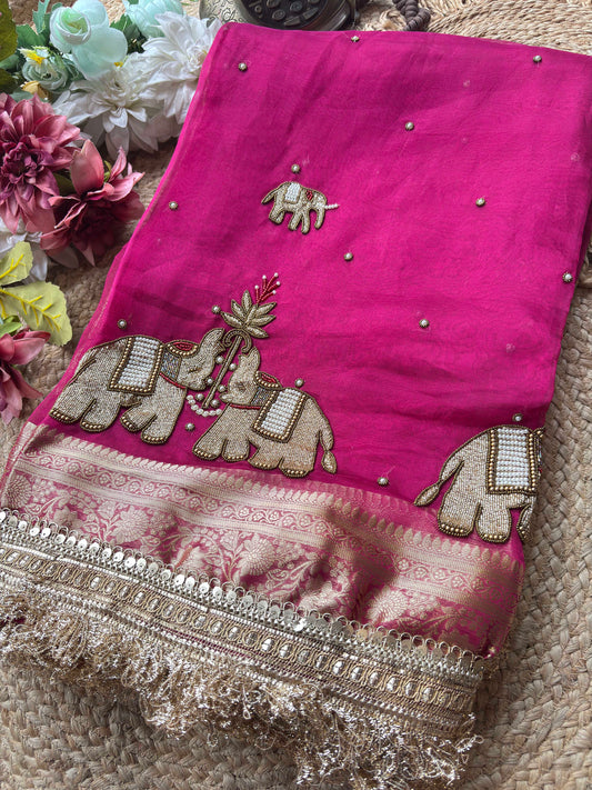 Rani Pink Gajraj Motif Saree with Pearl Handwork & Ornate Zari Border