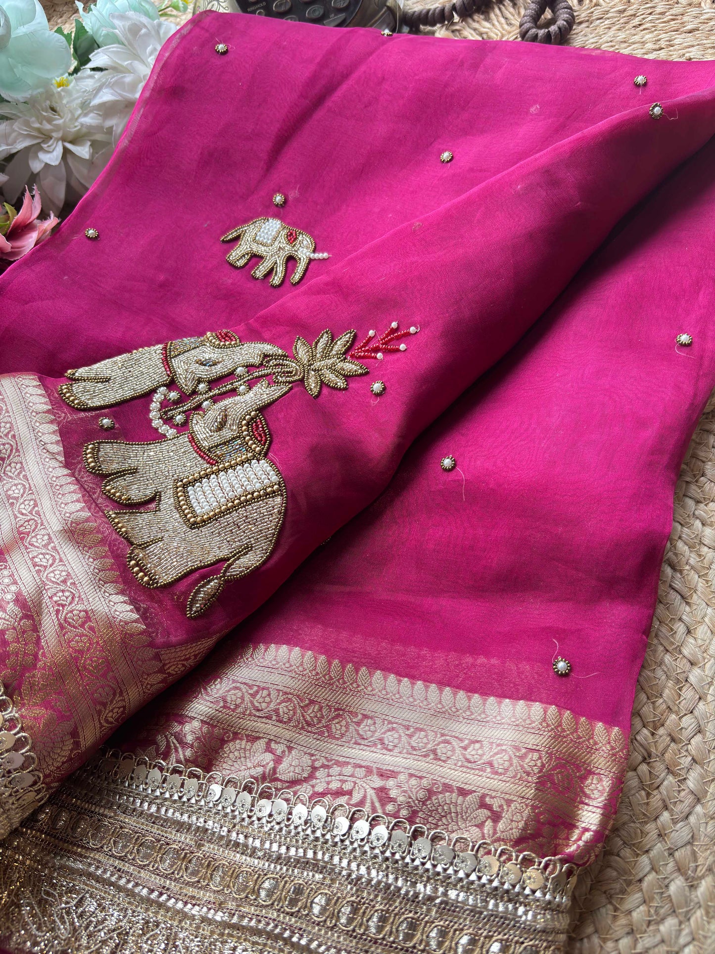 Rani Pink Gajraj Motif Saree with Pearl Handwork & Ornate Zari Border