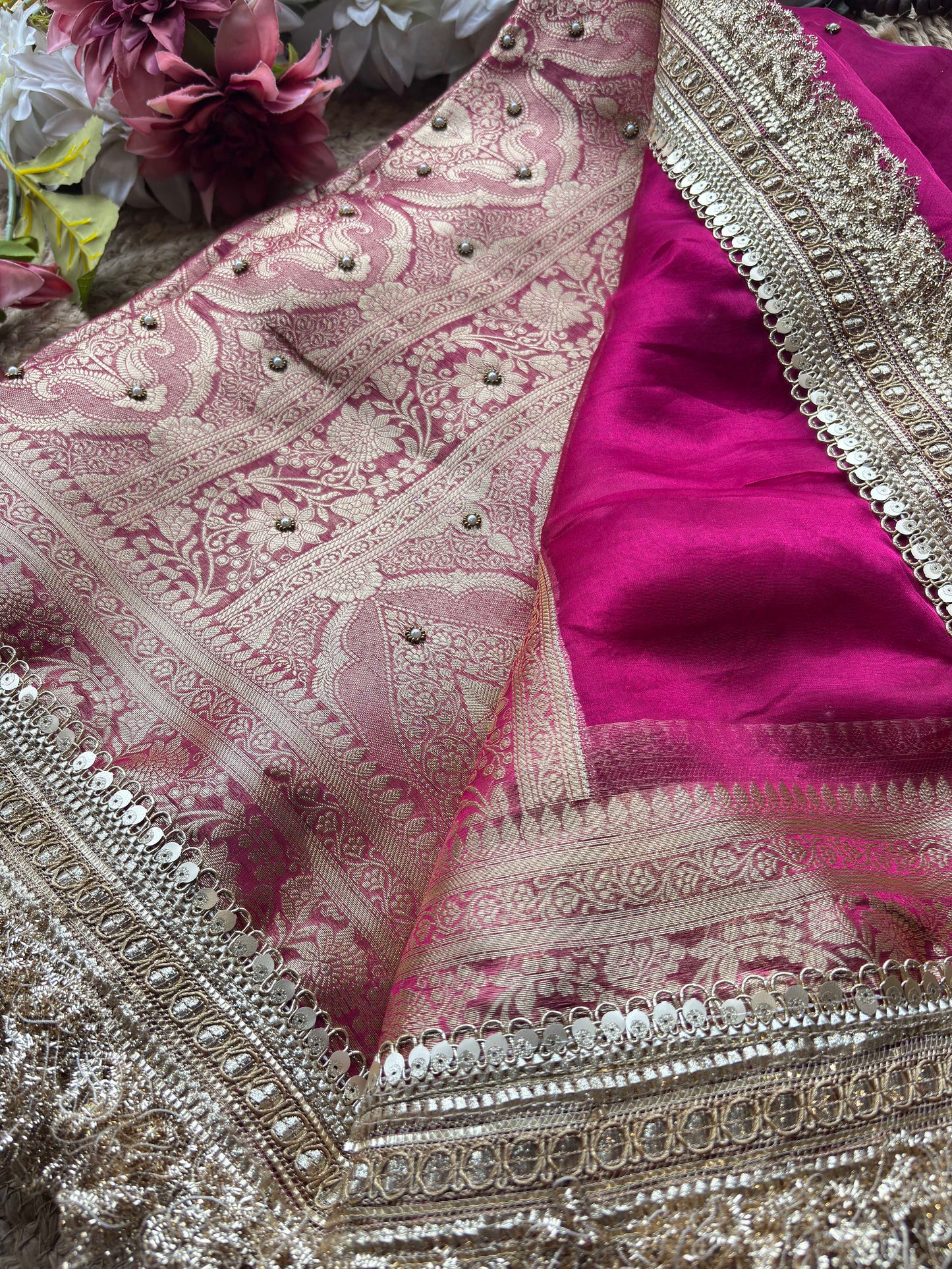Rani Pink Gajraj Motif Saree with Pearl Handwork & Ornate Zari Border