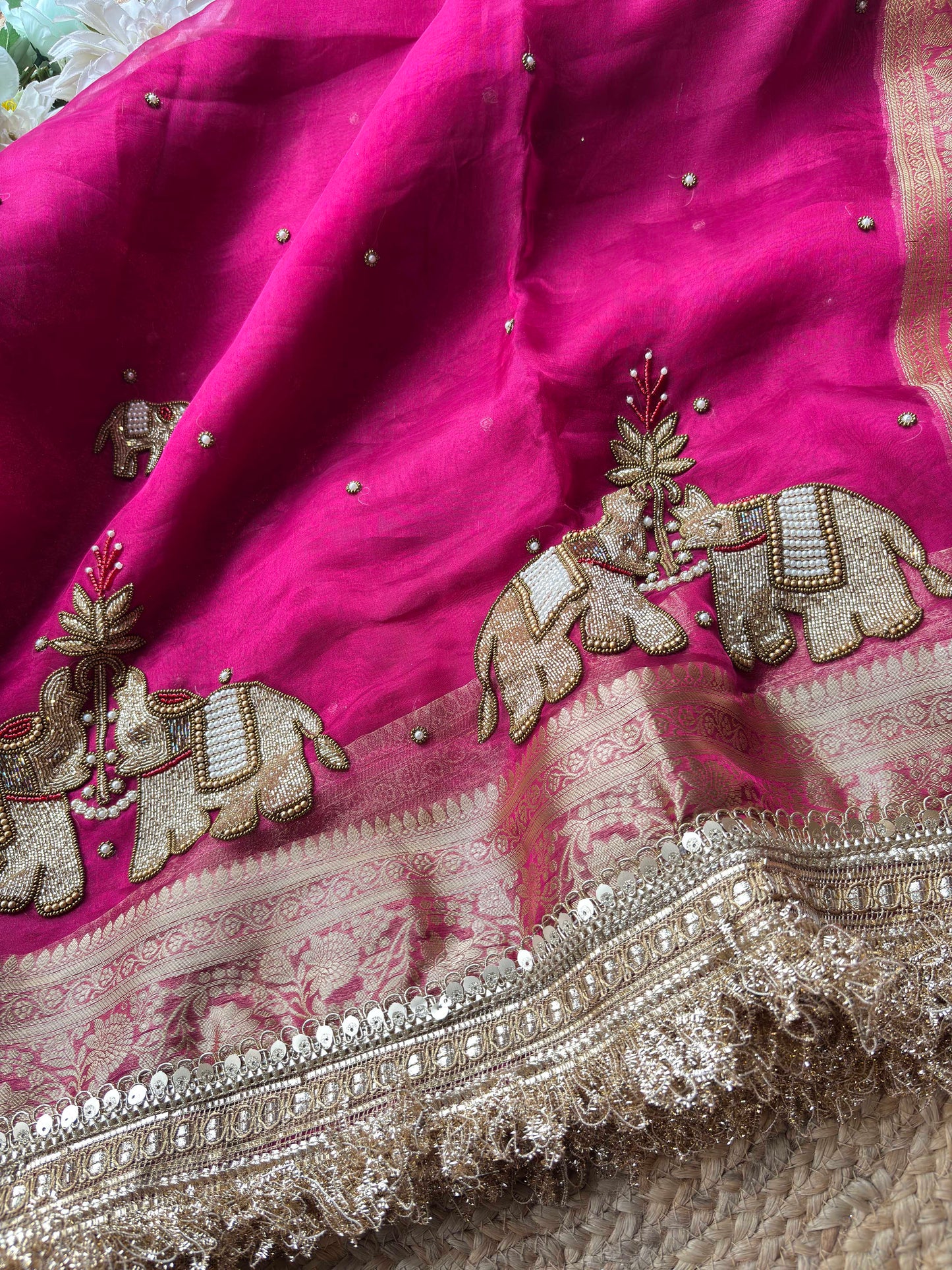 Rani Pink Gajraj Motif Saree with Pearl Handwork & Ornate Zari Border