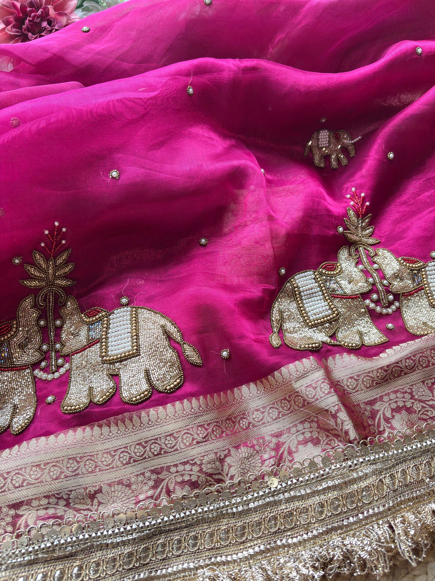 Rani Pink Gajraj Motif Saree with Pearl Handwork & Ornate Zari Border