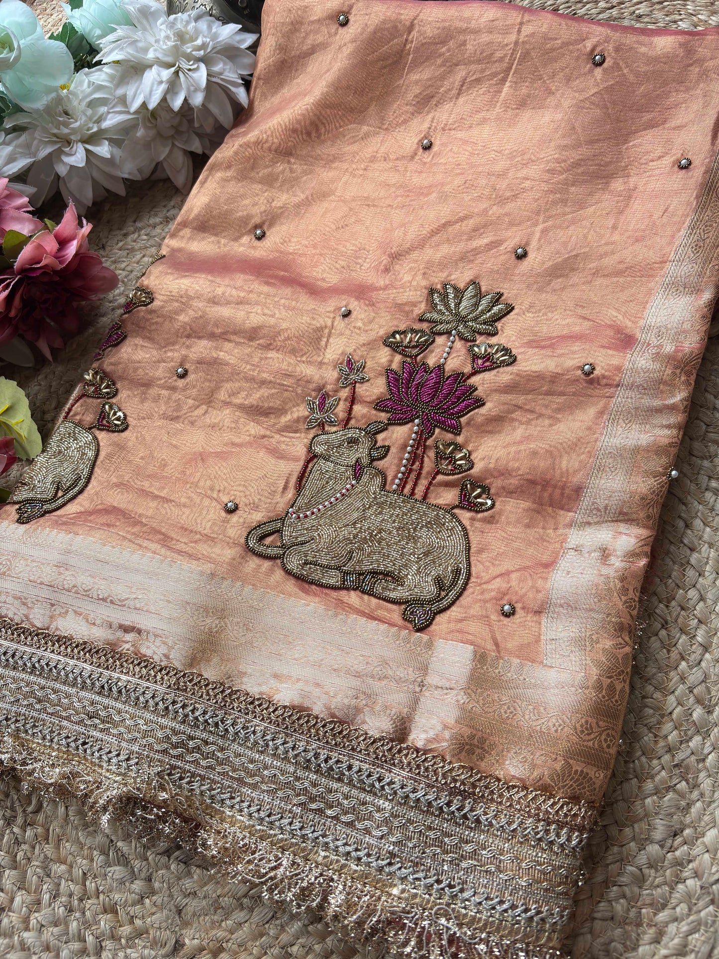 Peach Royal Nandi Motif Saree with Lotus Handwork & Ornate Gold Border