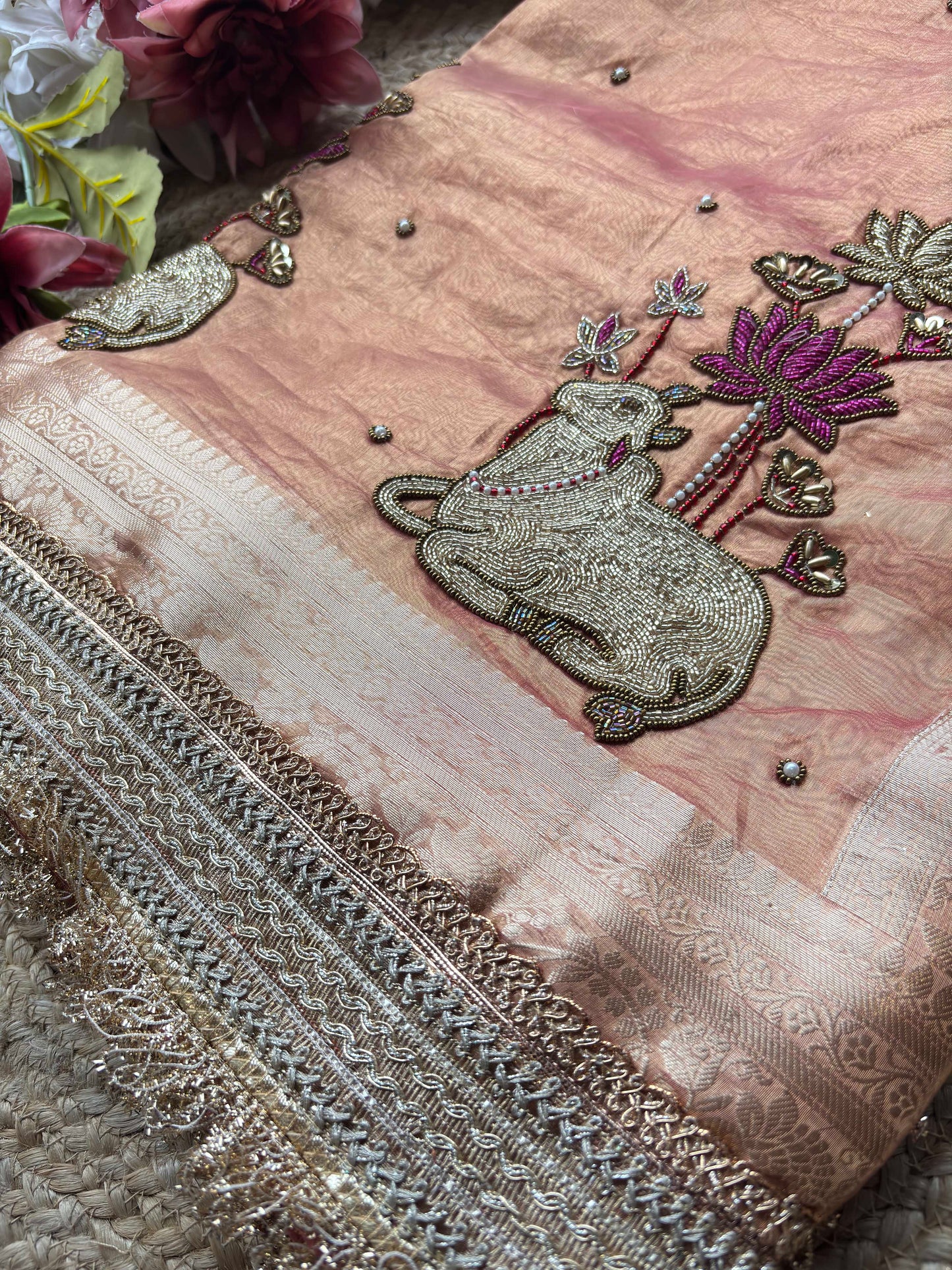 Peach Royal Nandi Motif Saree with Lotus Handwork & Ornate Gold Border