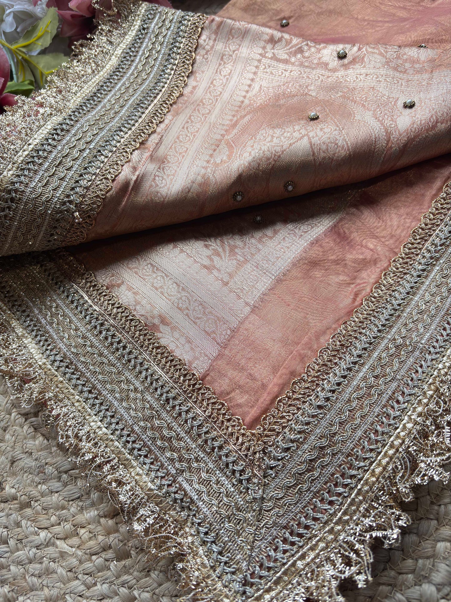 Peach Royal Nandi Motif Saree with Lotus Handwork & Ornate Gold Border
