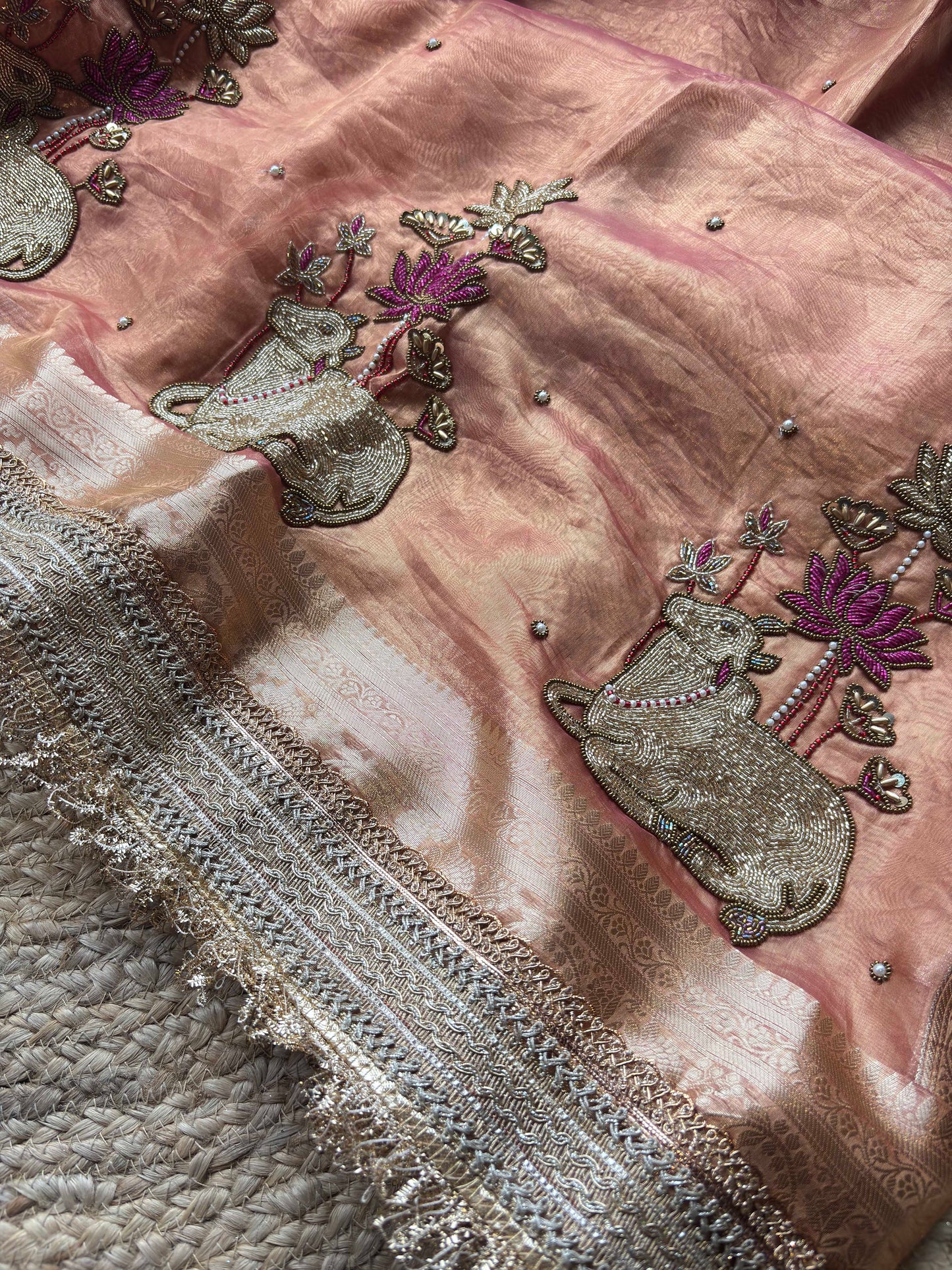 Peach Royal Nandi Motif Saree with Lotus Handwork & Ornate Gold Border