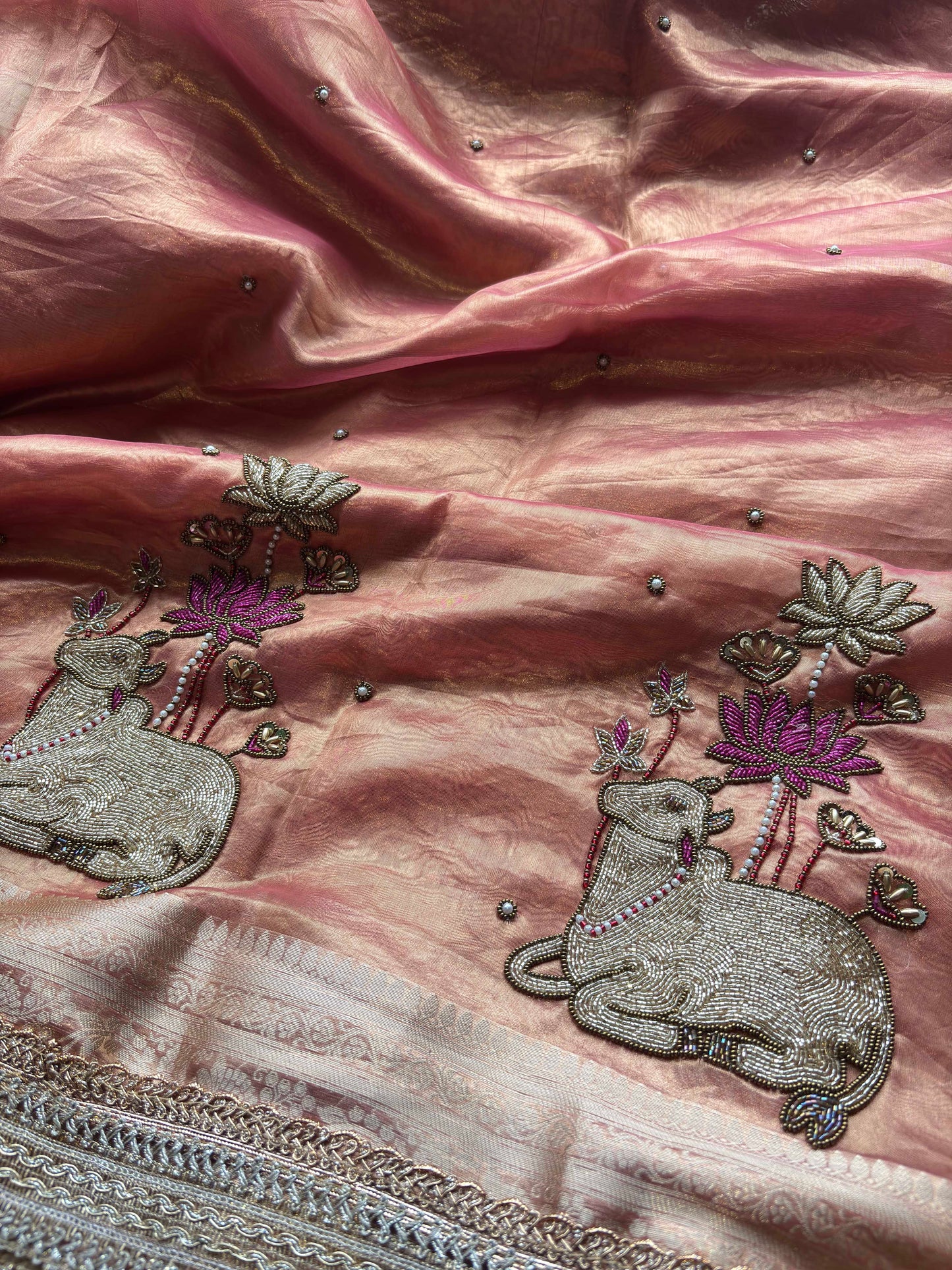 Peach Royal Nandi Motif Saree with Lotus Handwork & Ornate Gold Border