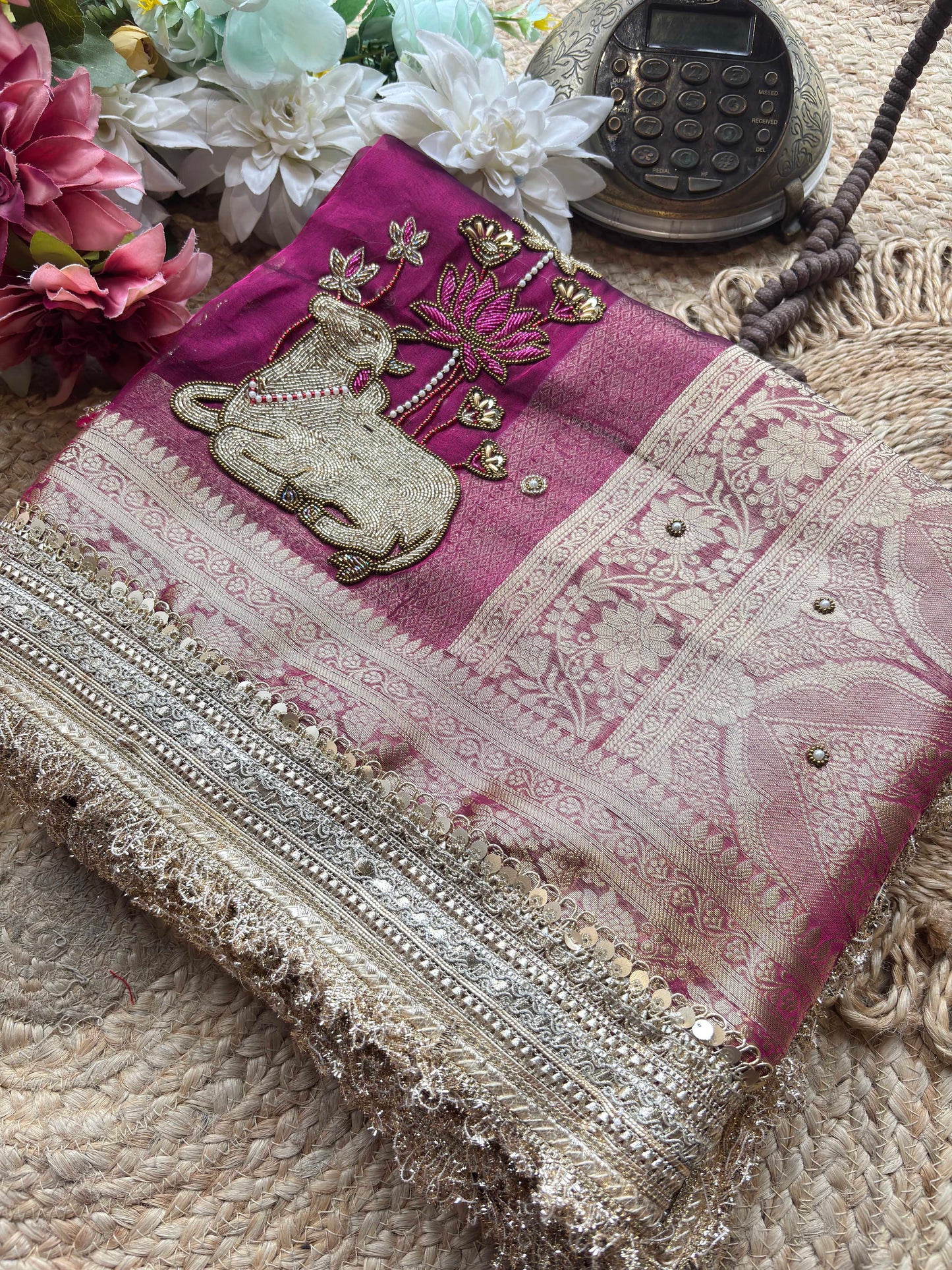 Magenta Nandi Motif Saree with Lotus Handwork & Ornate Gold Border