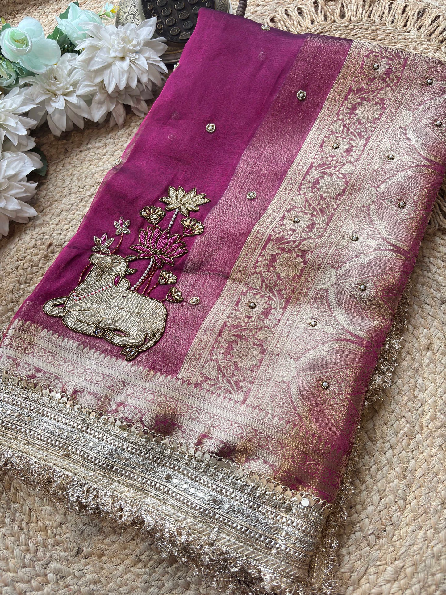 Magenta Nandi Motif Saree with Lotus Handwork & Ornate Gold Border