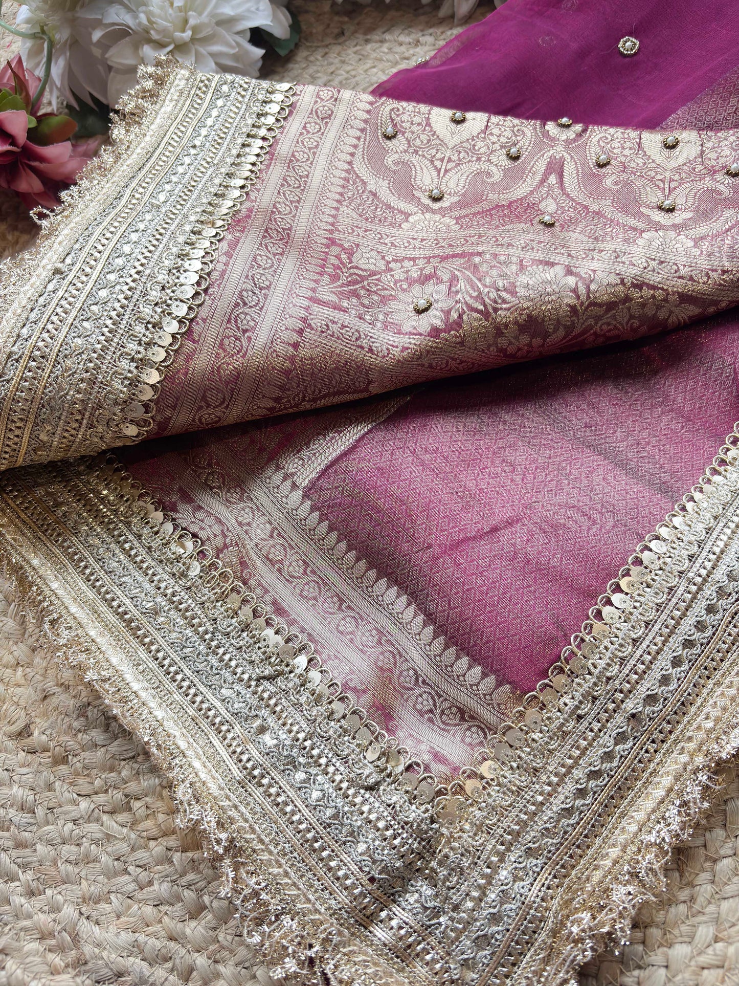 Magenta Nandi Motif Saree with Lotus Handwork & Ornate Gold Border