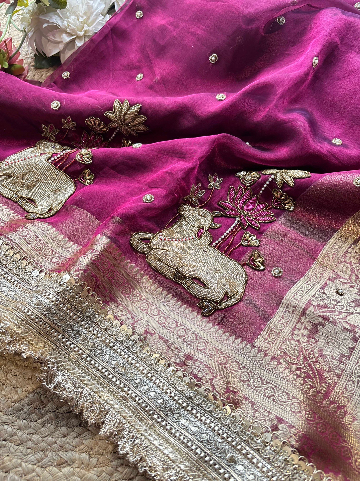 Magenta Nandi Motif Saree with Lotus Handwork & Ornate Gold Border