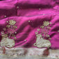 Magenta Nandi Motif Saree with Lotus Handwork & Ornate Gold Border