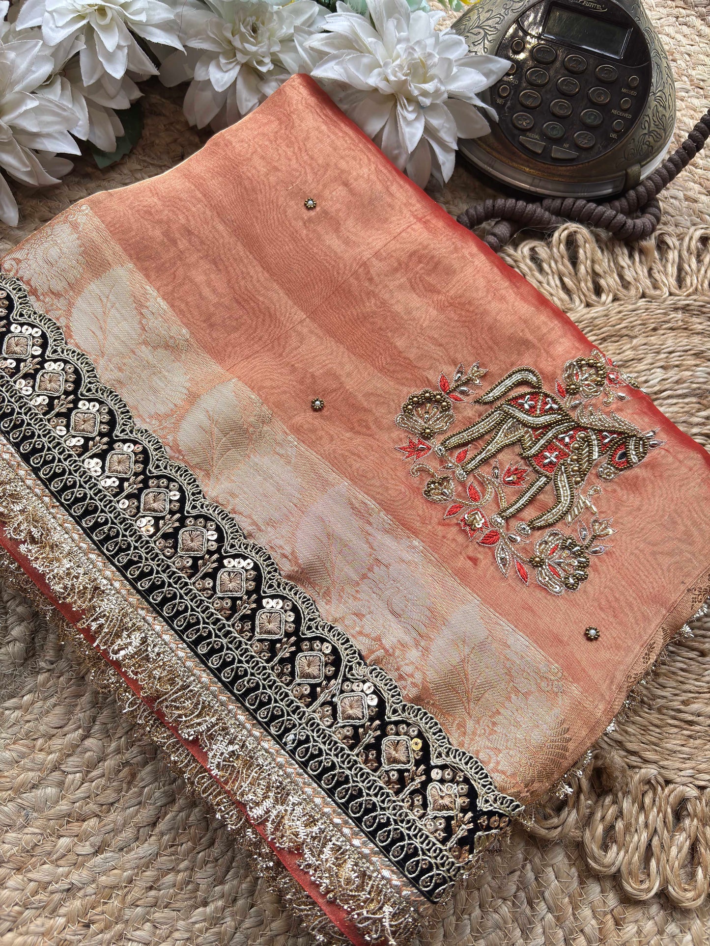 Peach Ashva Maharani Embroidered Saree with Black & Gold Border