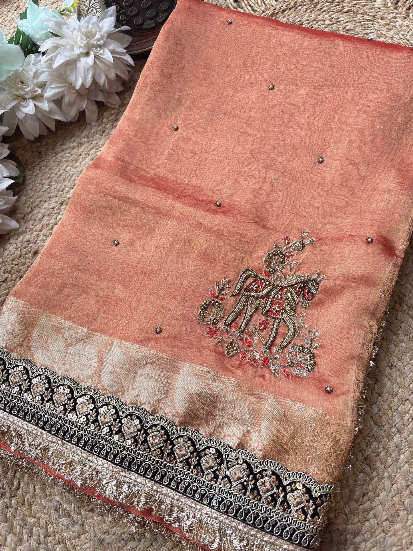Peach Ashva Maharani Embroidered Saree with Black & Gold Border