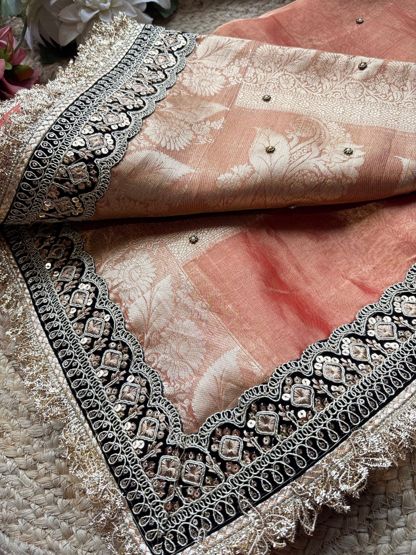 Peach Ashva Maharani Embroidered Saree with Black & Gold Border