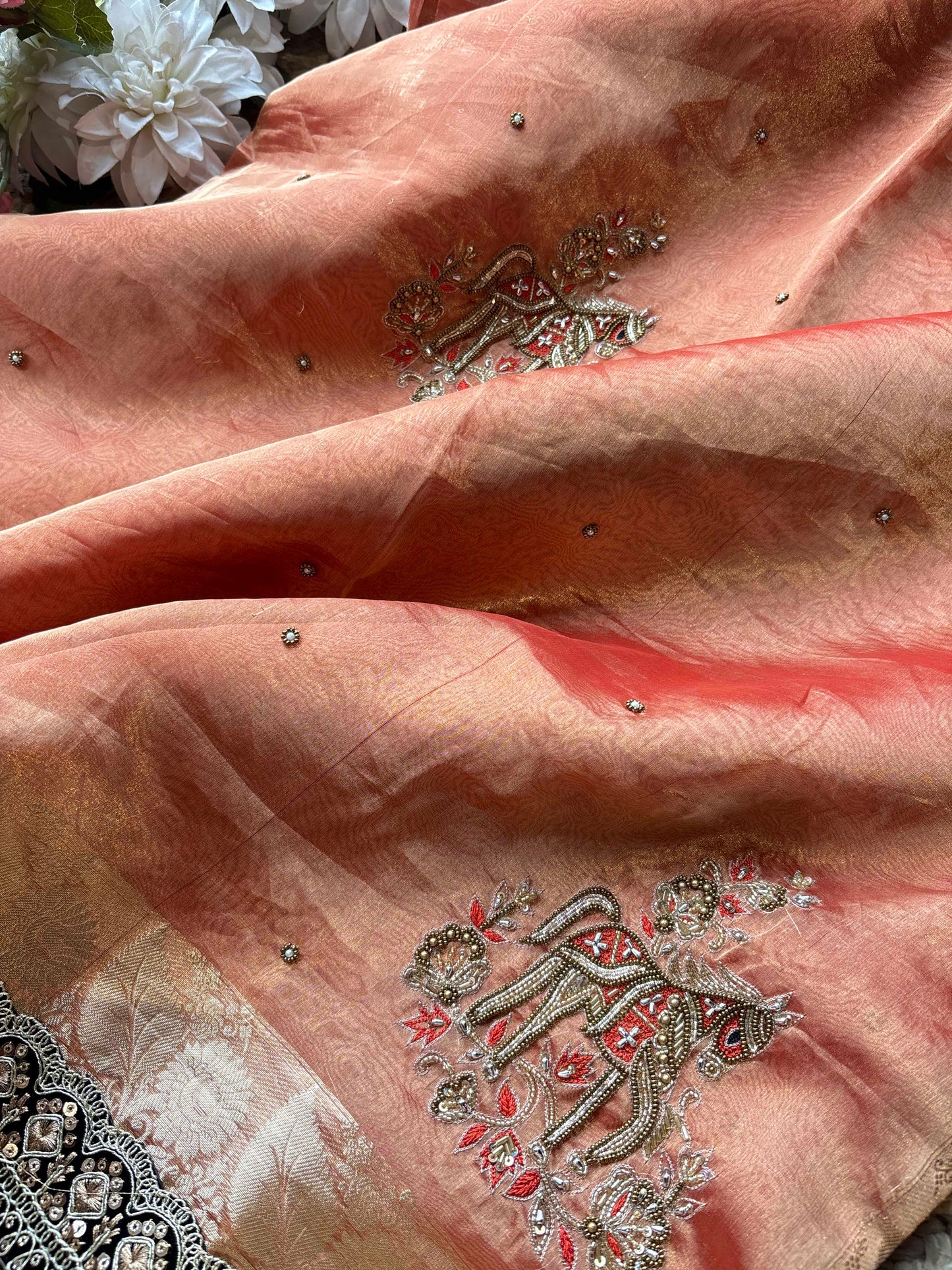 Peach Ashva Maharani Embroidered Saree with Black & Gold Border
