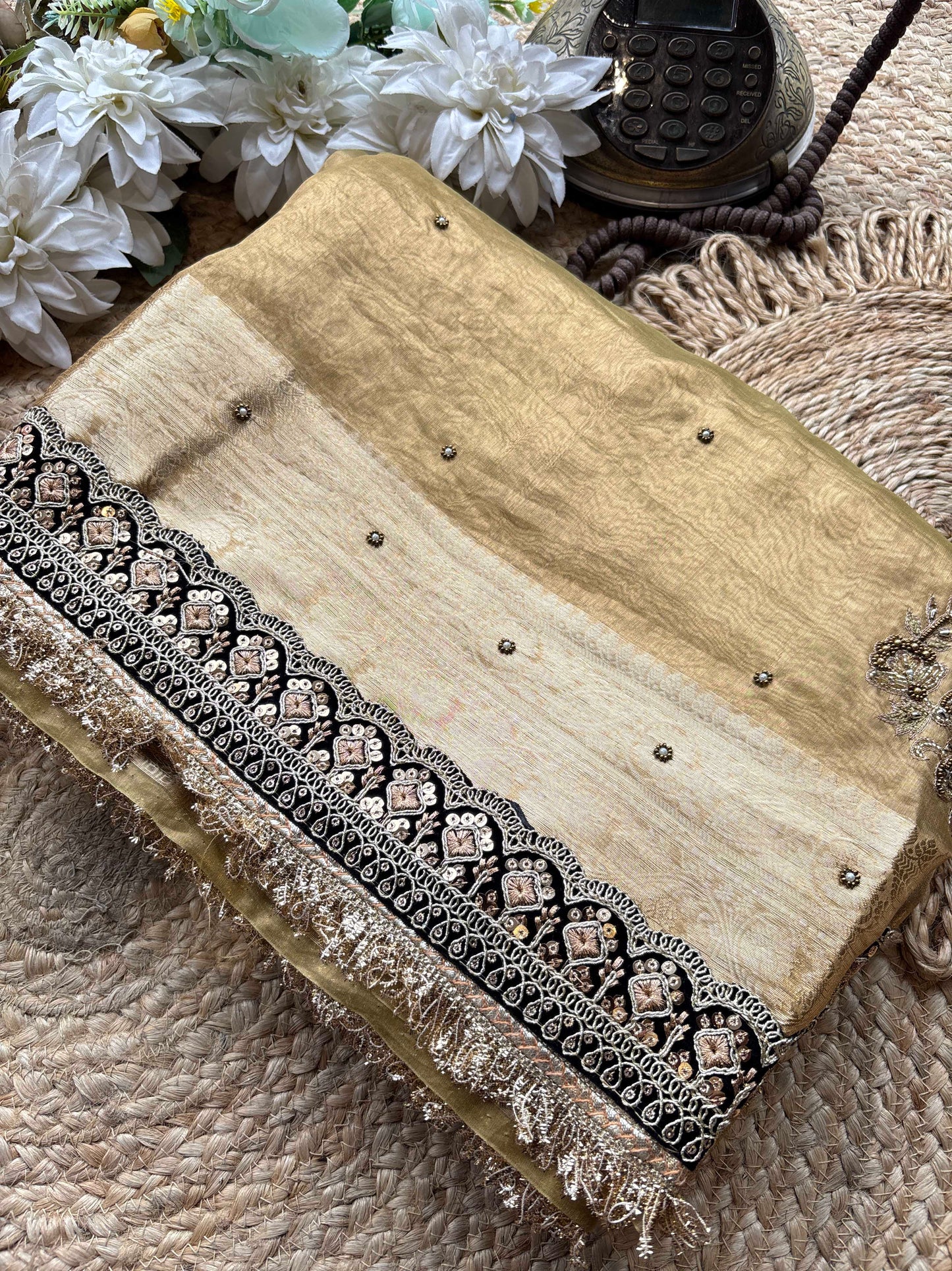 Golden Ashva Maharani Embroidered Saree with Black & Gold Border
