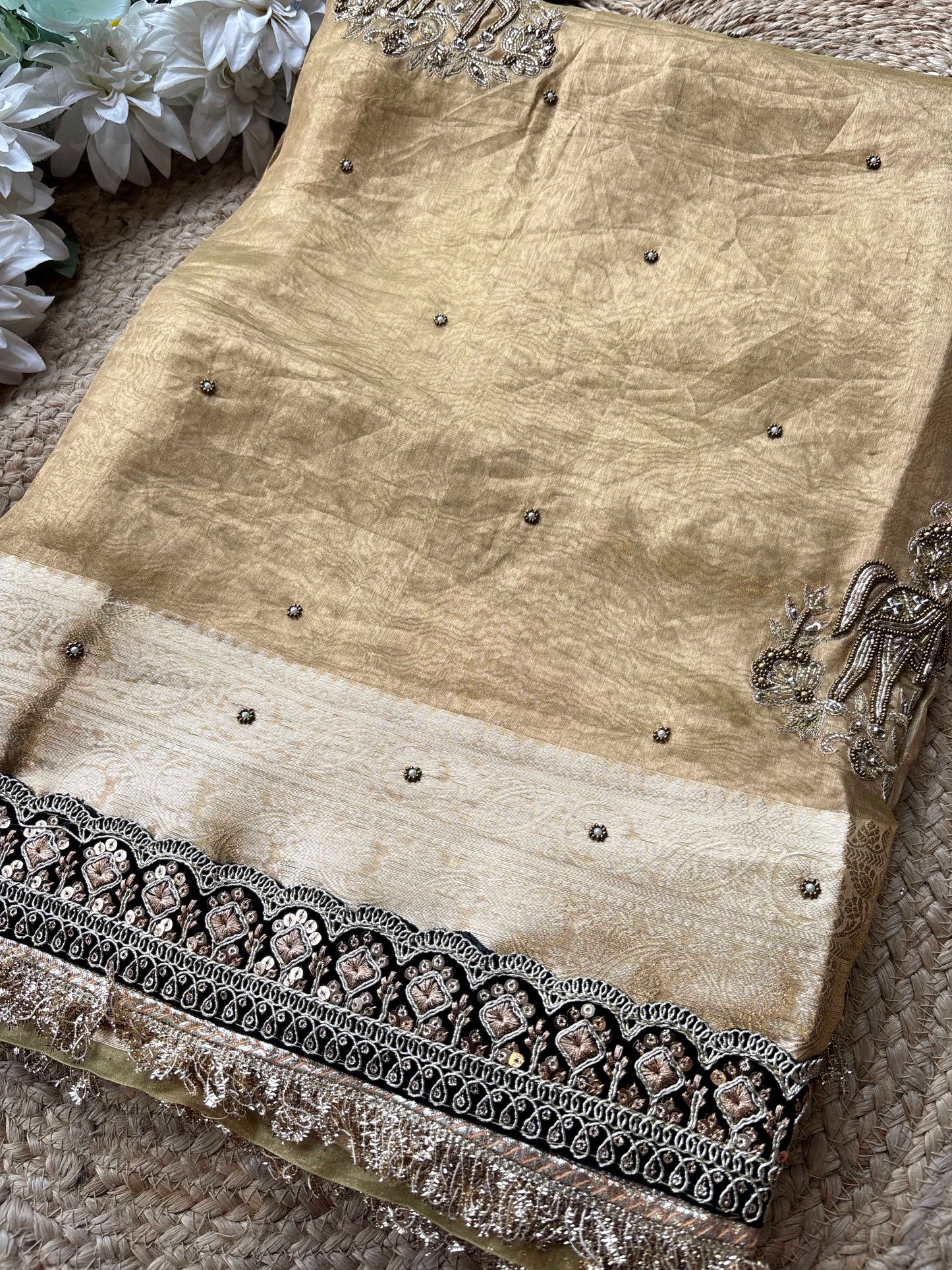 Golden Ashva Maharani Embroidered Saree with Black & Gold Border