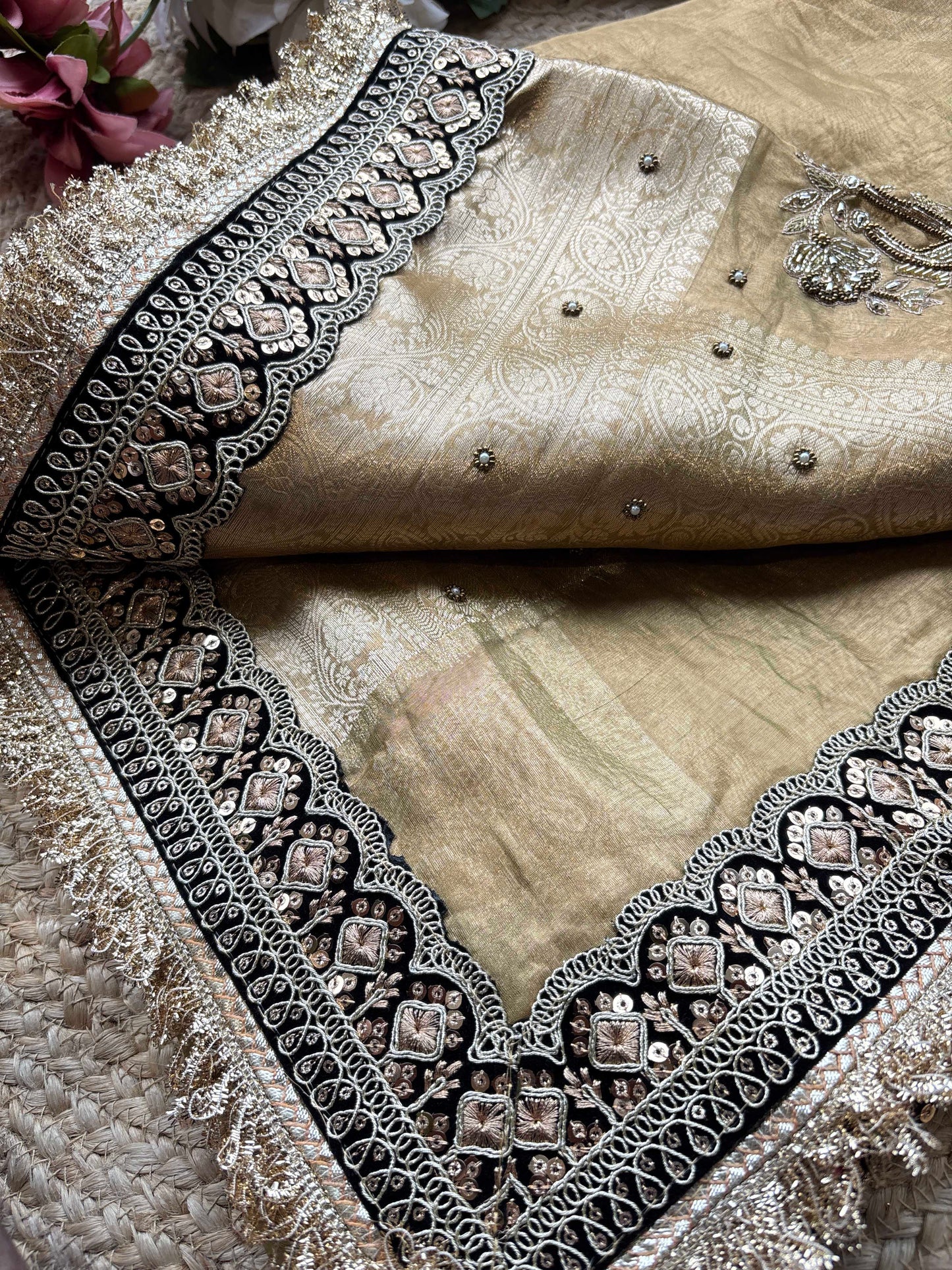 Golden Ashva Maharani Embroidered Saree with Black & Gold Border