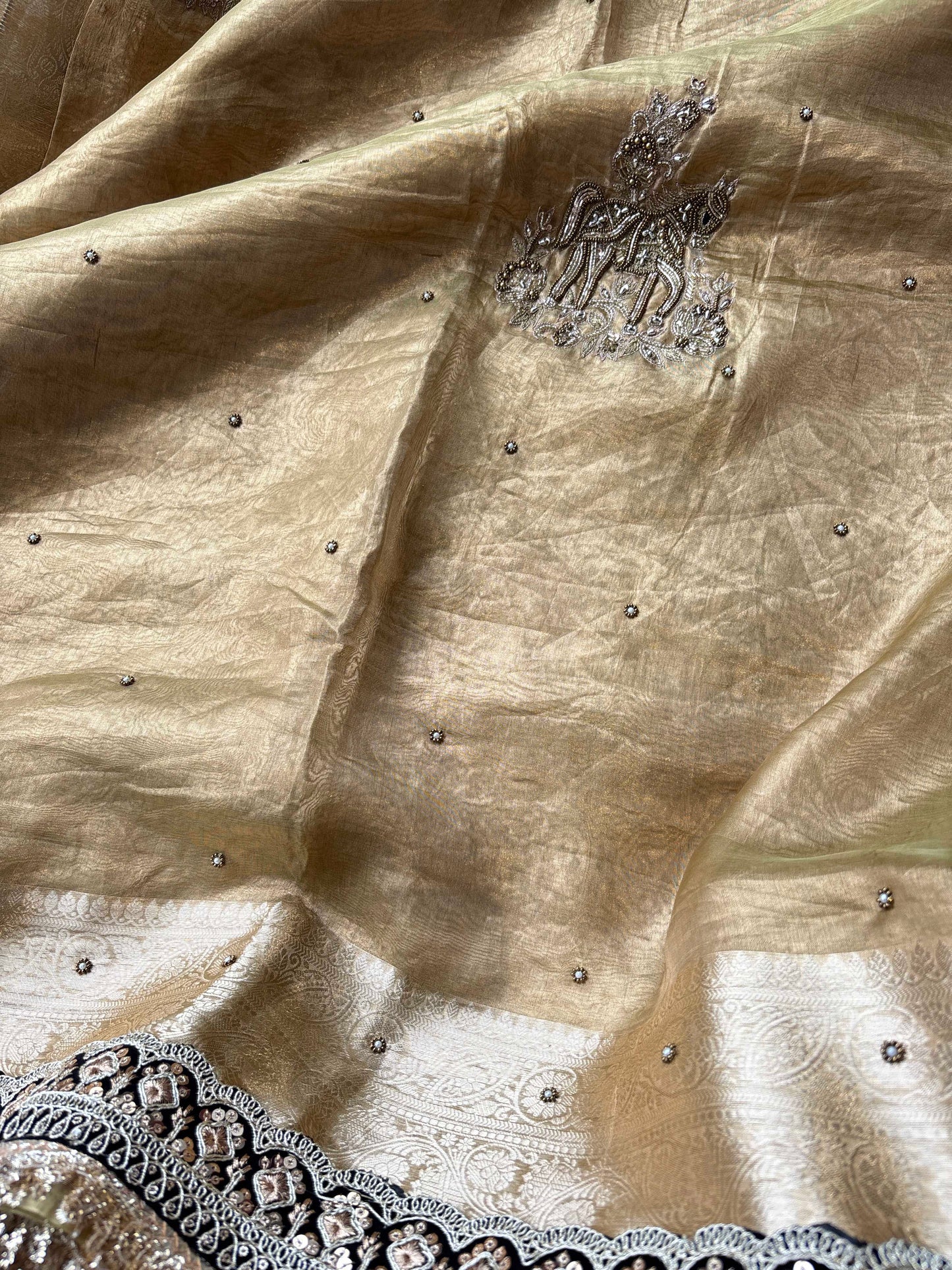 Golden Ashva Maharani Embroidered Saree with Black & Gold Border