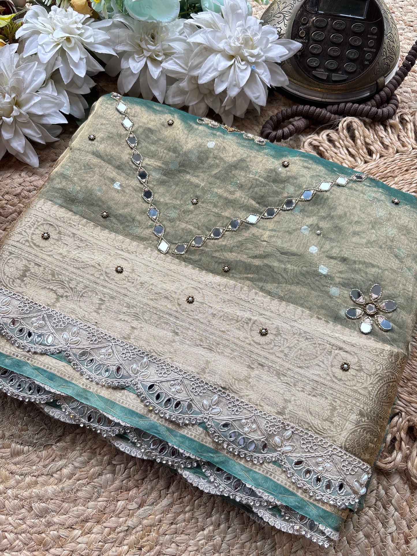 Sage Green Sisa Maharani Saree with Embroidery & Silver Border