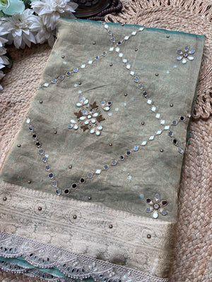 Sage Green Sisa Maharani Saree with Embroidery & Silver Border