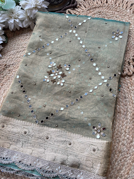Sage Green Sisa Maharani Saree with Embroidery & Silver Border