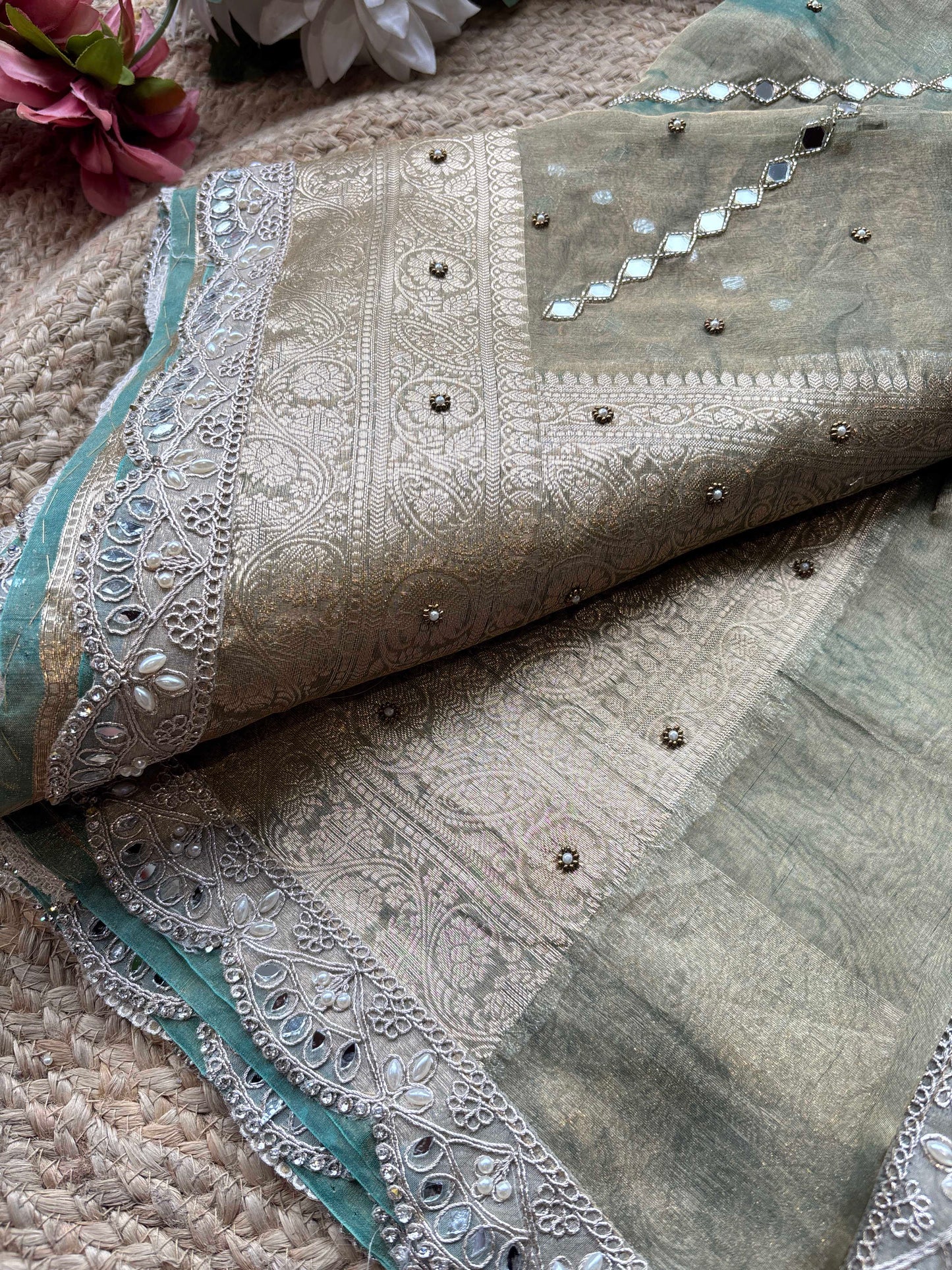 Sage Green Sisa Maharani Saree with Embroidery & Silver Border
