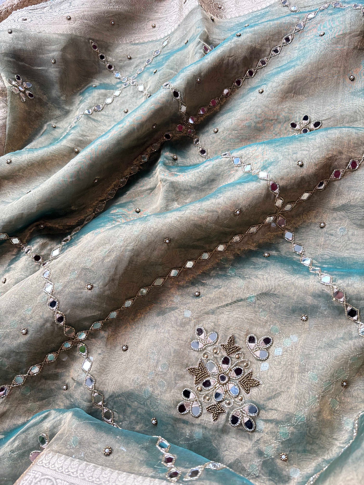 Sage Green Sisa Maharani Saree with Embroidery & Silver Border