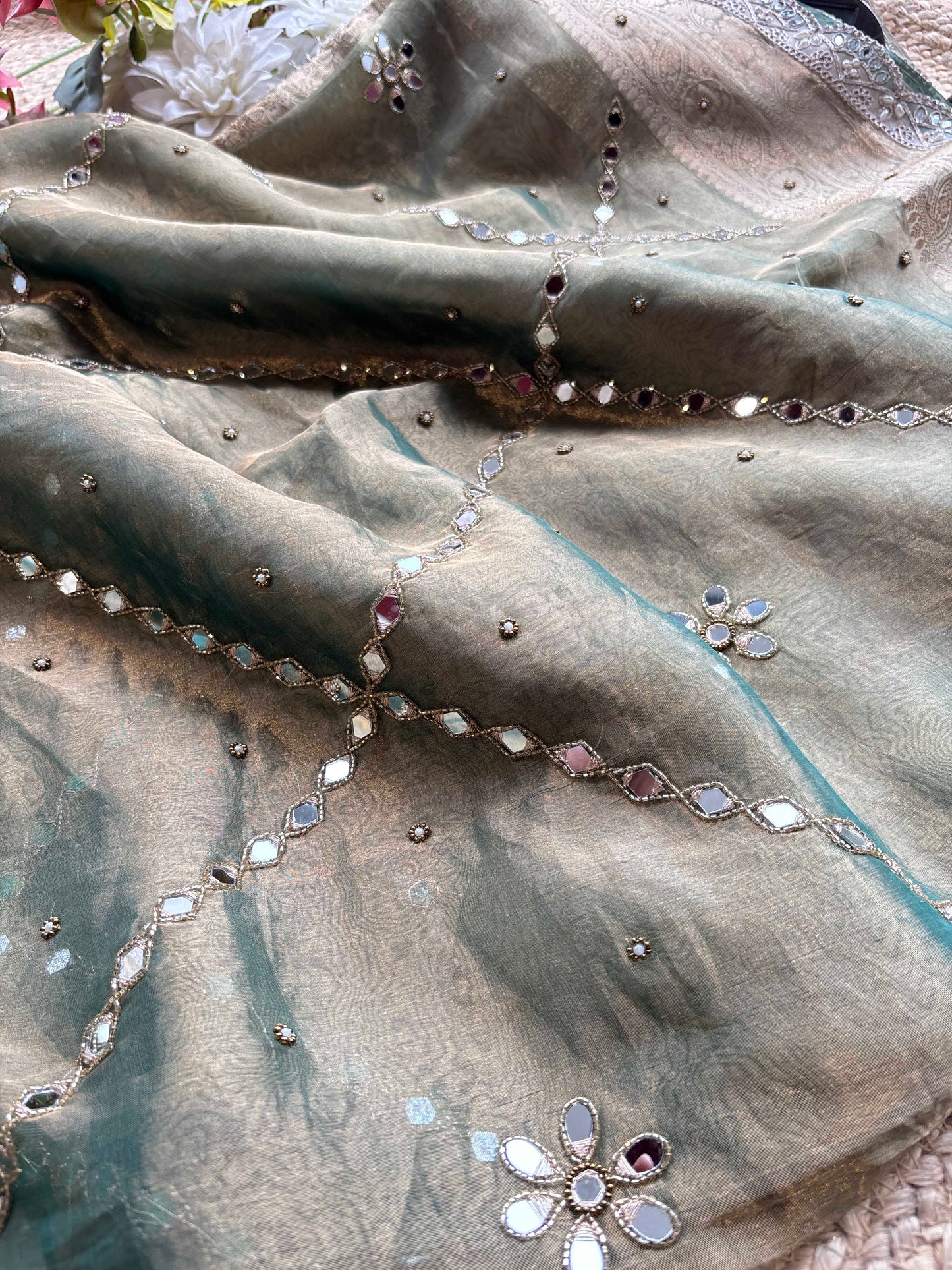 Sage Green Sisa Maharani Saree with Embroidery & Silver Border
