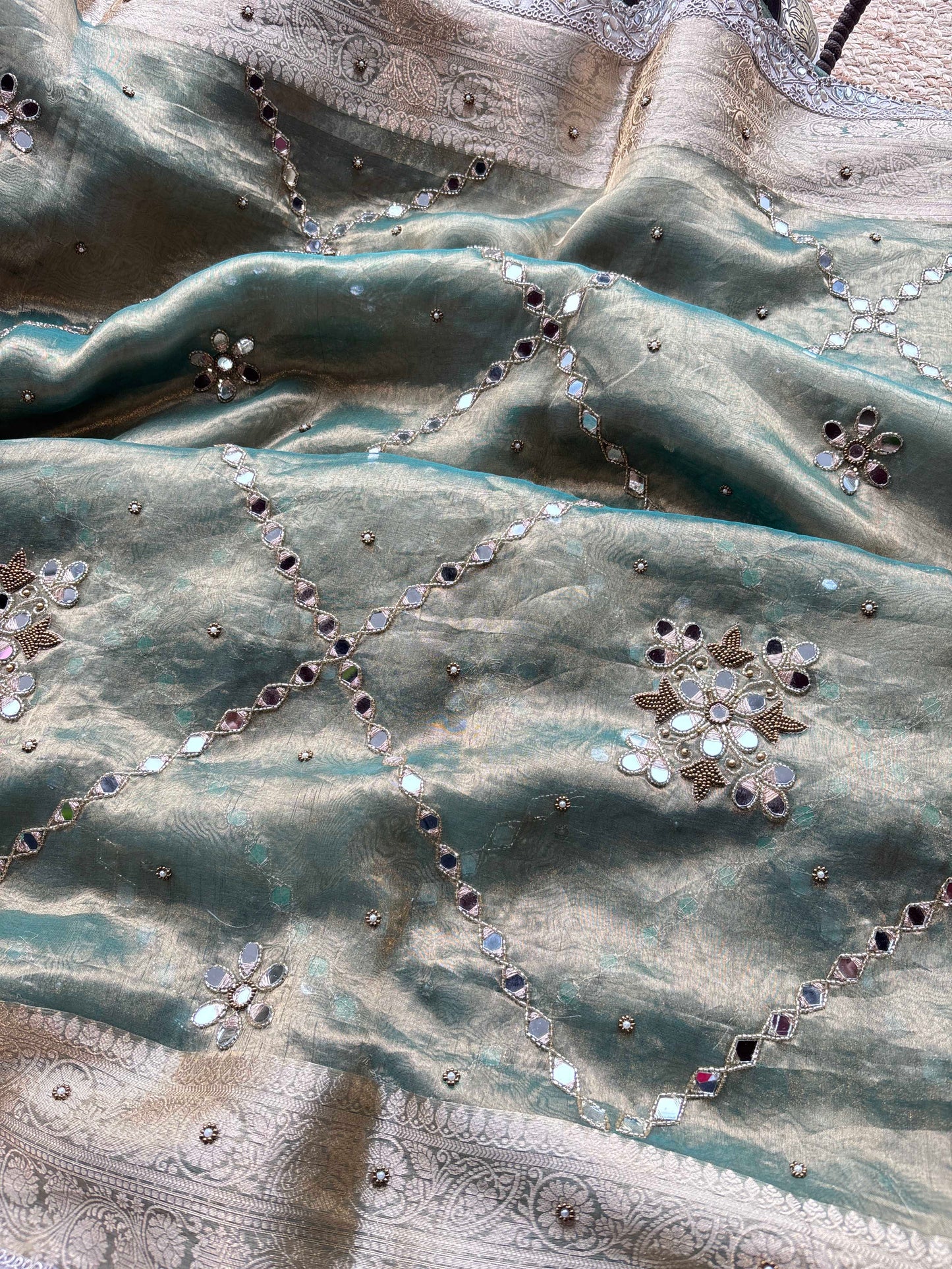 Sage Green Sisa Maharani Saree with Embroidery & Silver Border
