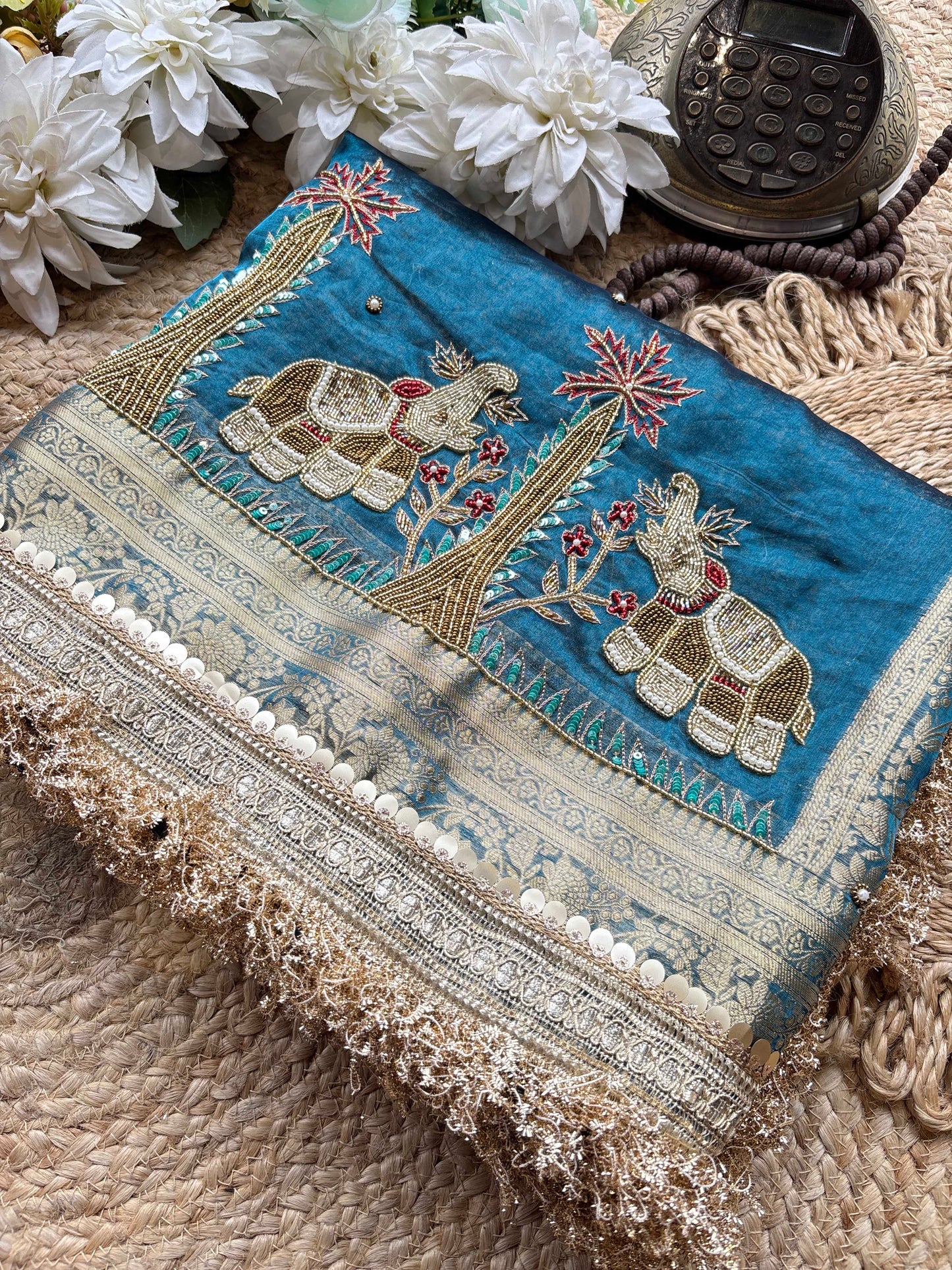 Gajgamini Saree with Elephant Embroidery & Pearl Border Festive Saree