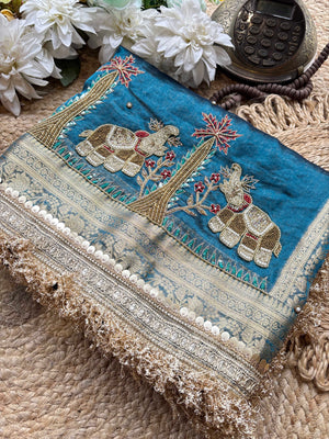 Gajgamini Saree with Elephant Embroidery & Pearl Border Festive Saree