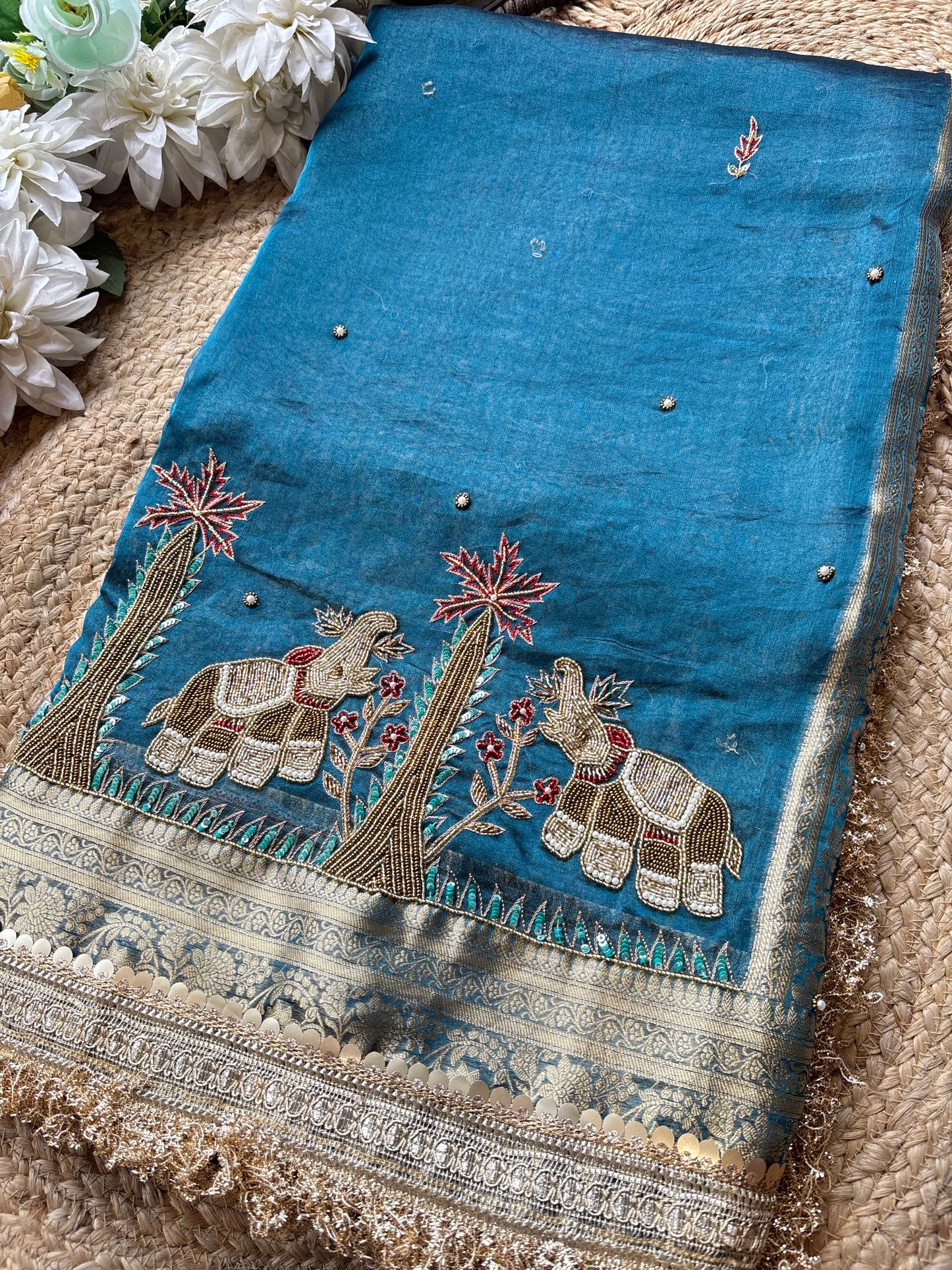 Gajgamini Saree with Elephant Embroidery & Pearl Border Festive Saree