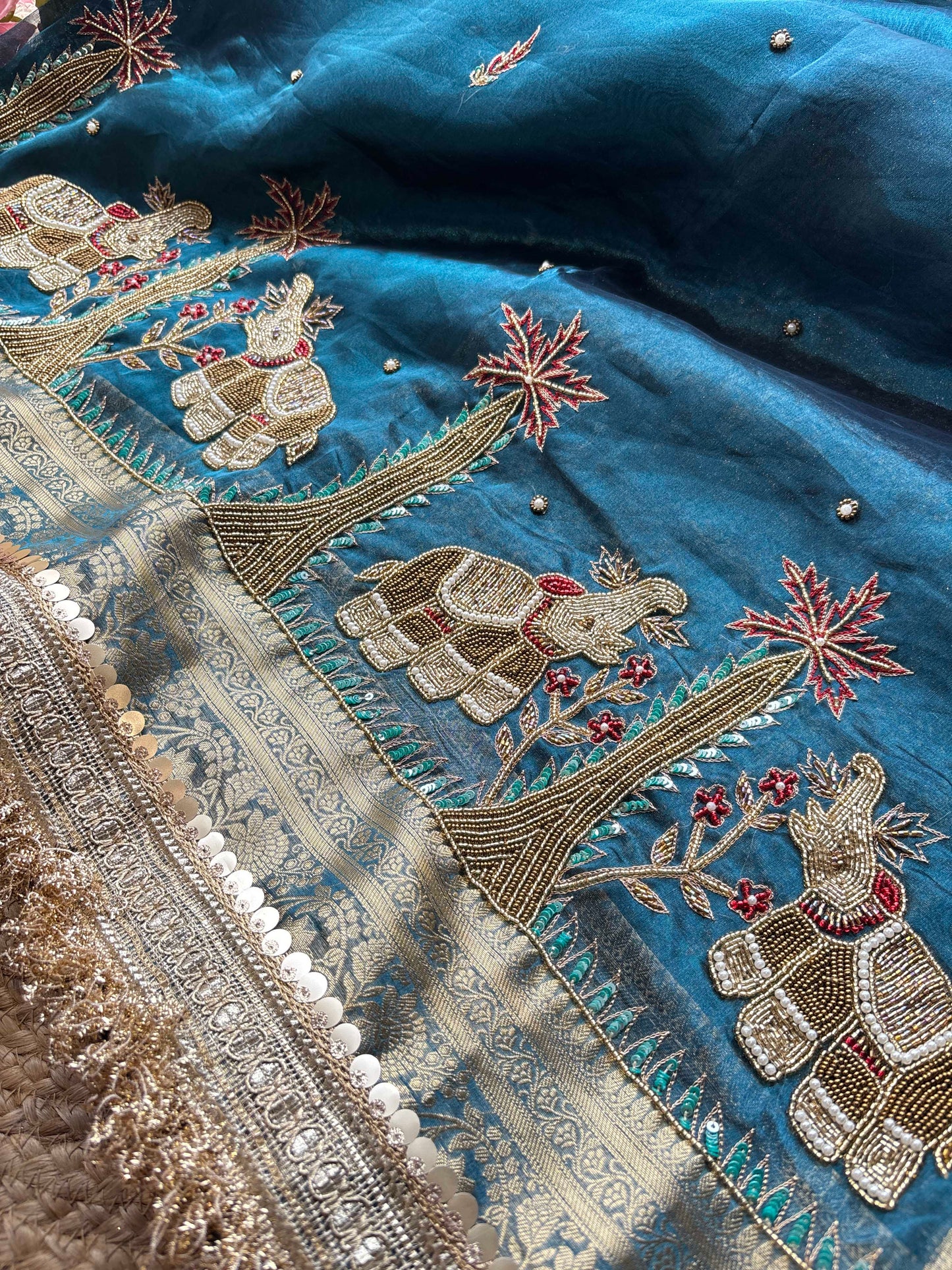 Gajgamini Saree with Elephant Embroidery & Pearl Border Festive Saree
