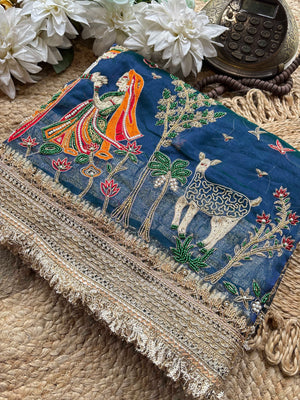 Krishan Leela Saree with Peacock Embroidery and Heavy Golden Border
