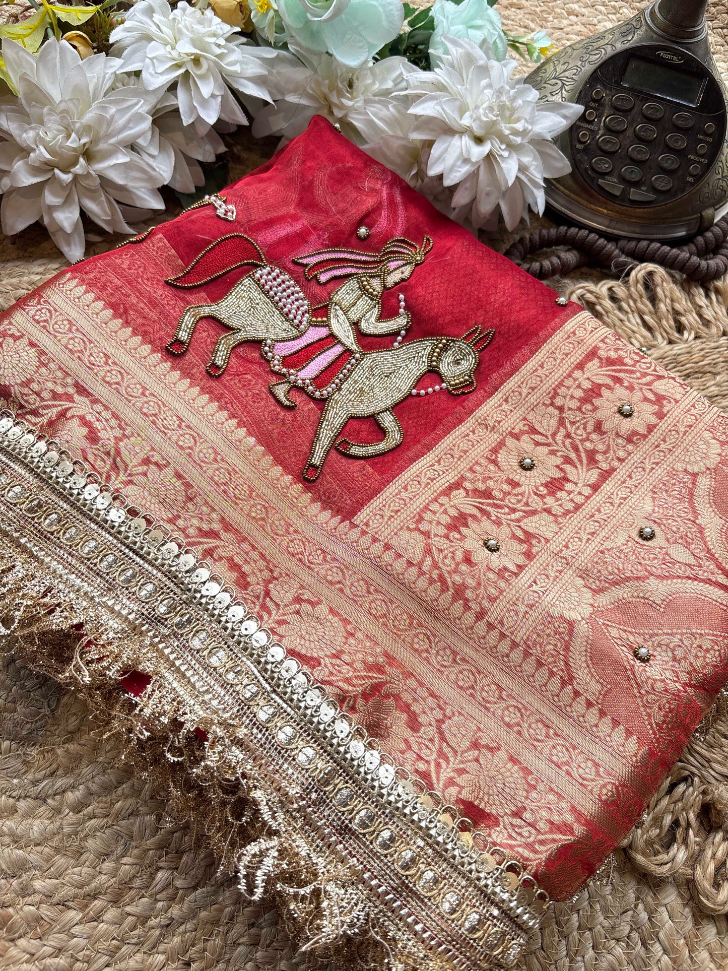Red Baraat Ghar Hand Embroidered Saree with Horse & Carriage Motifs