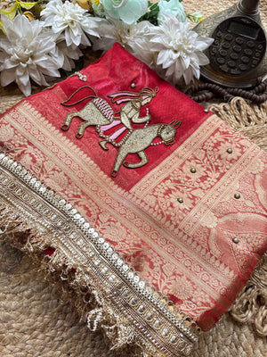 Red Baraat Ghar Hand Embroidered Saree with Horse & Carriage Motifs