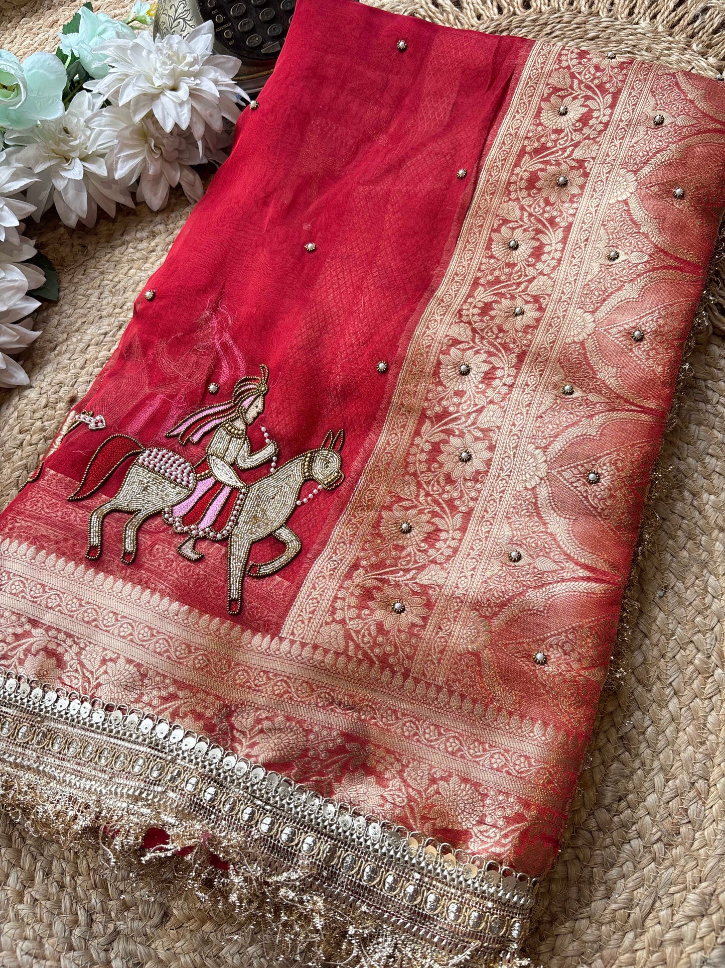 Red Baraat Ghar Hand Embroidered Saree with Horse & Carriage Motifs