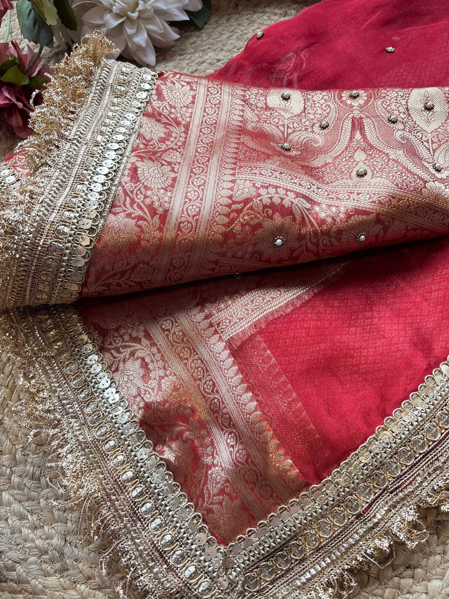Red Baraat Ghar Hand Embroidered Saree with Horse & Carriage Motifs